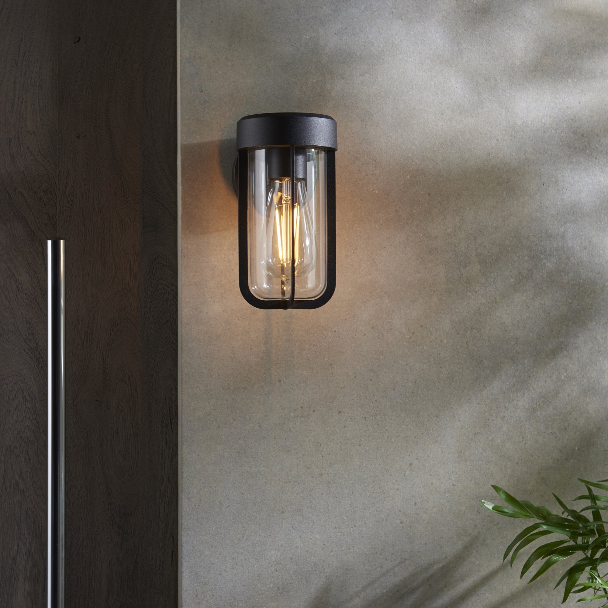 Utopia Pluto IP44 Wall Light - Matt Black And Clear Glass - E27