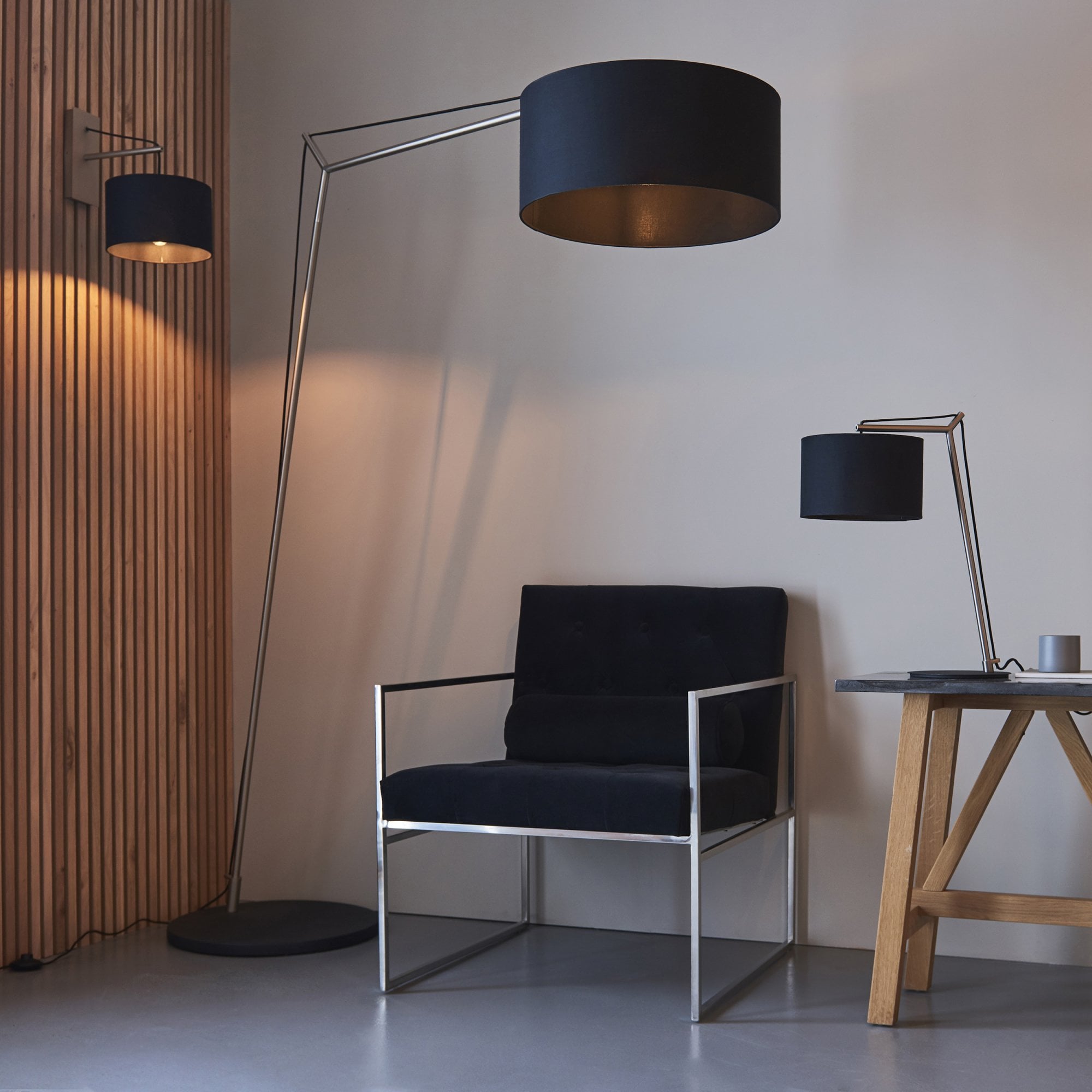 Endon Point Floor Lamp - Matt Nickel And Black Shade