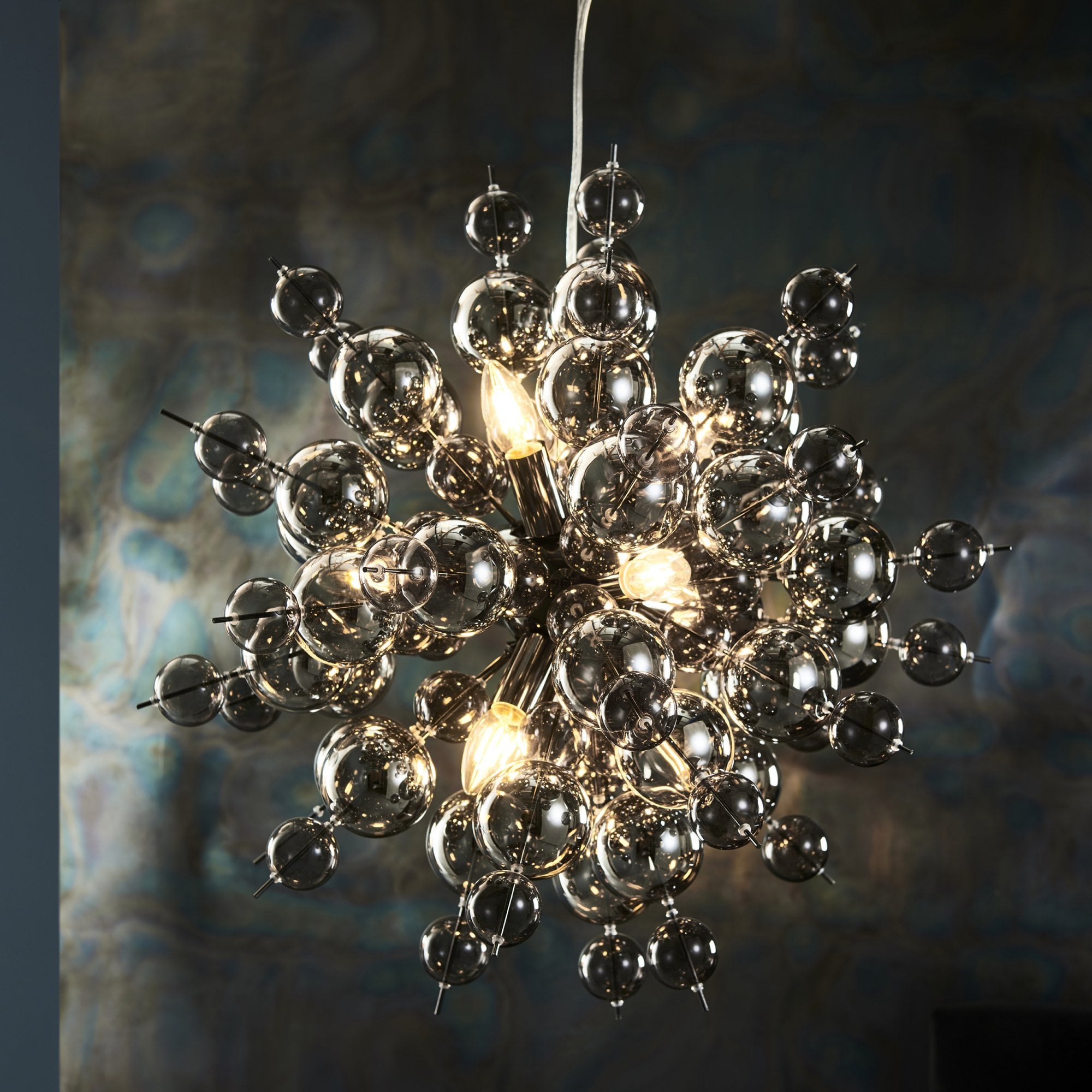 Endon Bubble 9 Light Pendant Chandelier - Black Chrome With Smoked Mirror And Tinted Glass - 63cm Diameter