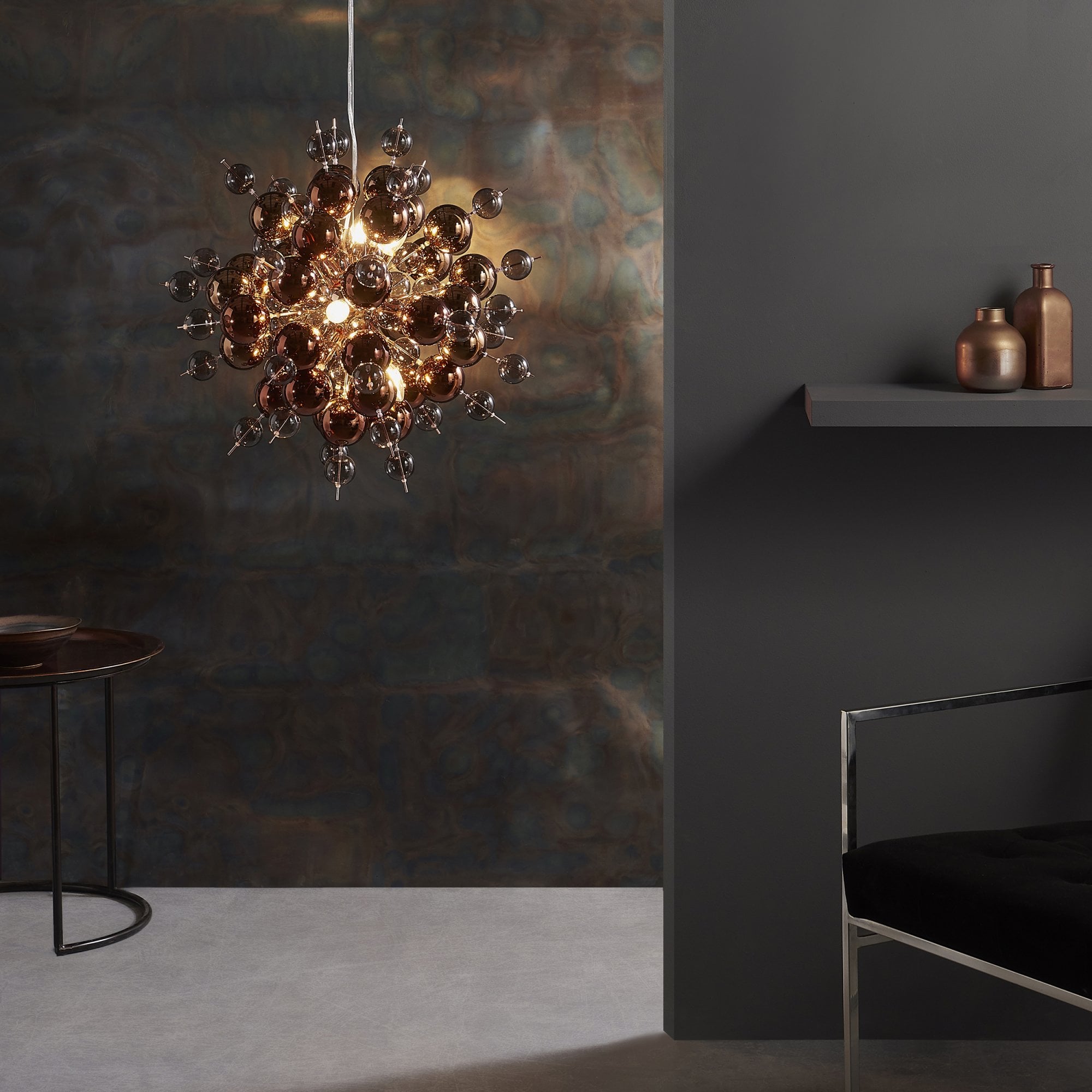 Endon Bubble 9 Light Pendant Chandelier - Copper With Copper Mirror And Tinted Glass - 63cm Diameter
