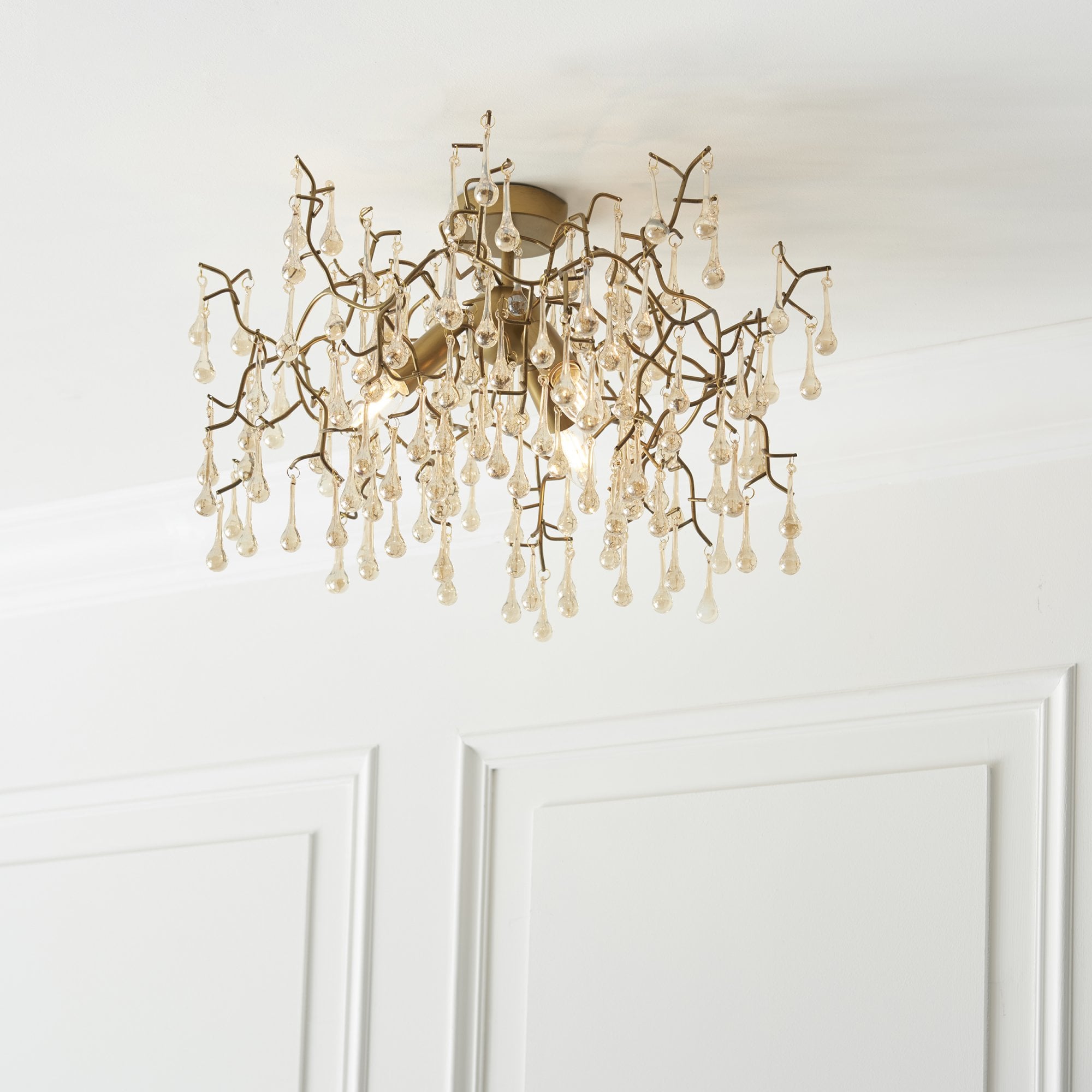Utopia Drip 3 Light Semi Flush Fitting - Aged Gold With Champagne Tinted Glass - 55cm Diameter