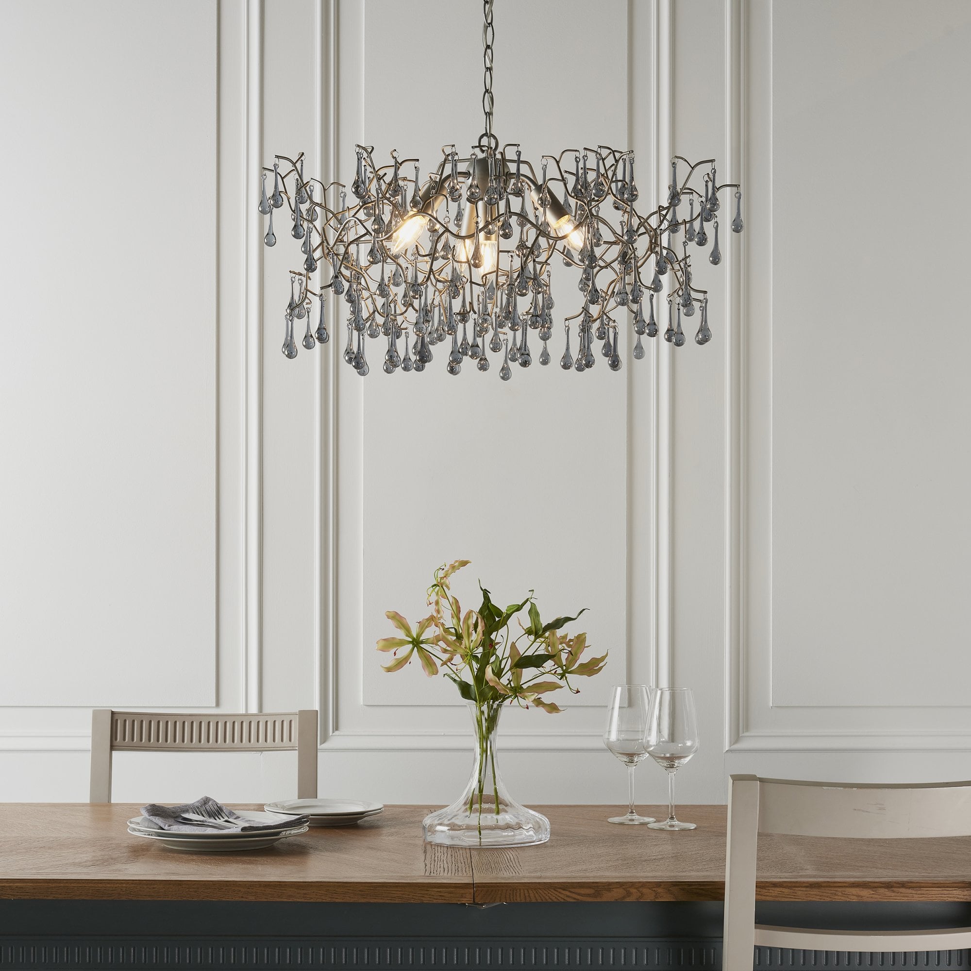 Utopia Drip 4 Light Pendant Chandelier - Aged Silver With Smoked Grey Tinted Glass - 75cm Diameter