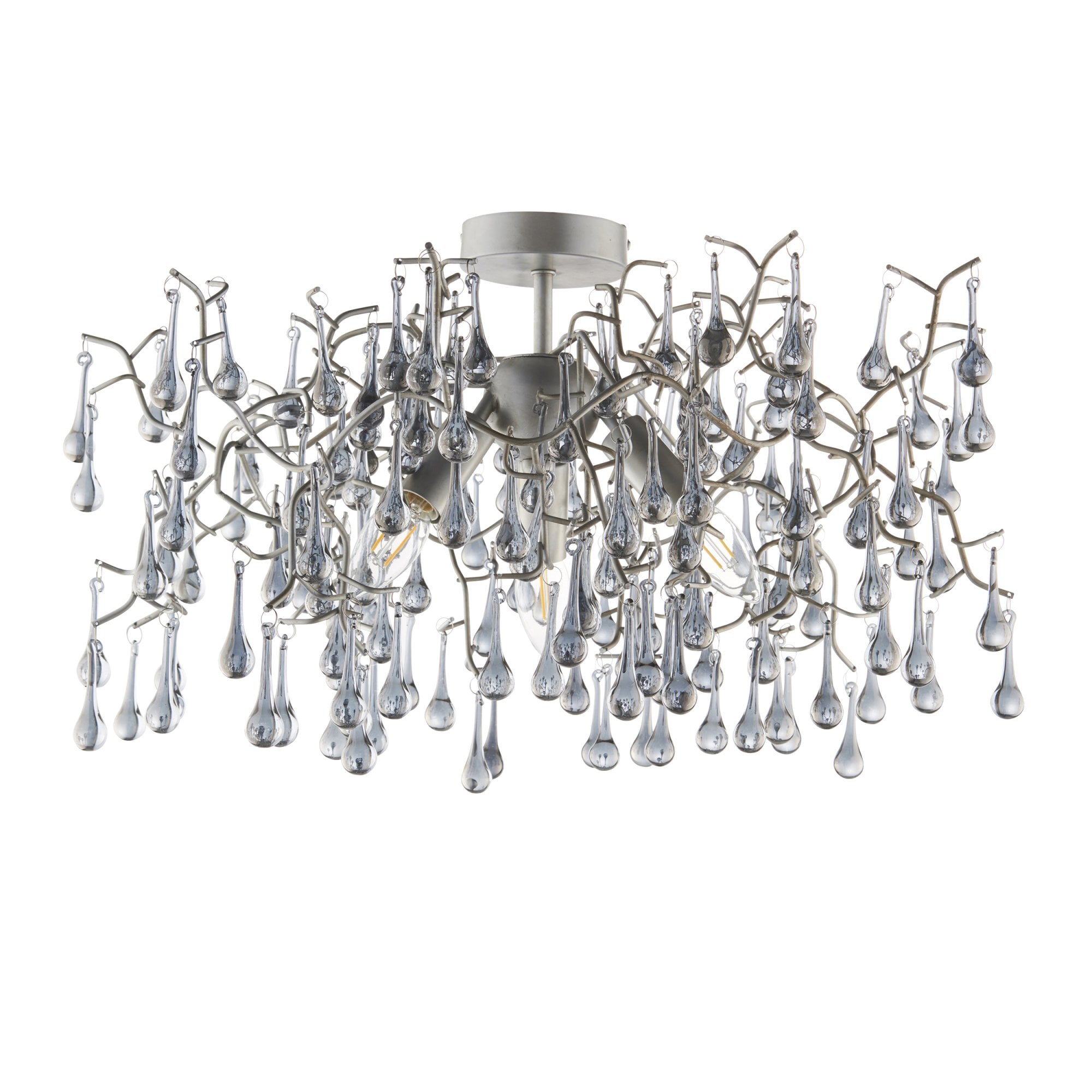 Utopia Drip 3 Light Semi Flush Fitting - Aged Silver With Smoked Grey Tinted Glass - 55cm Diameter