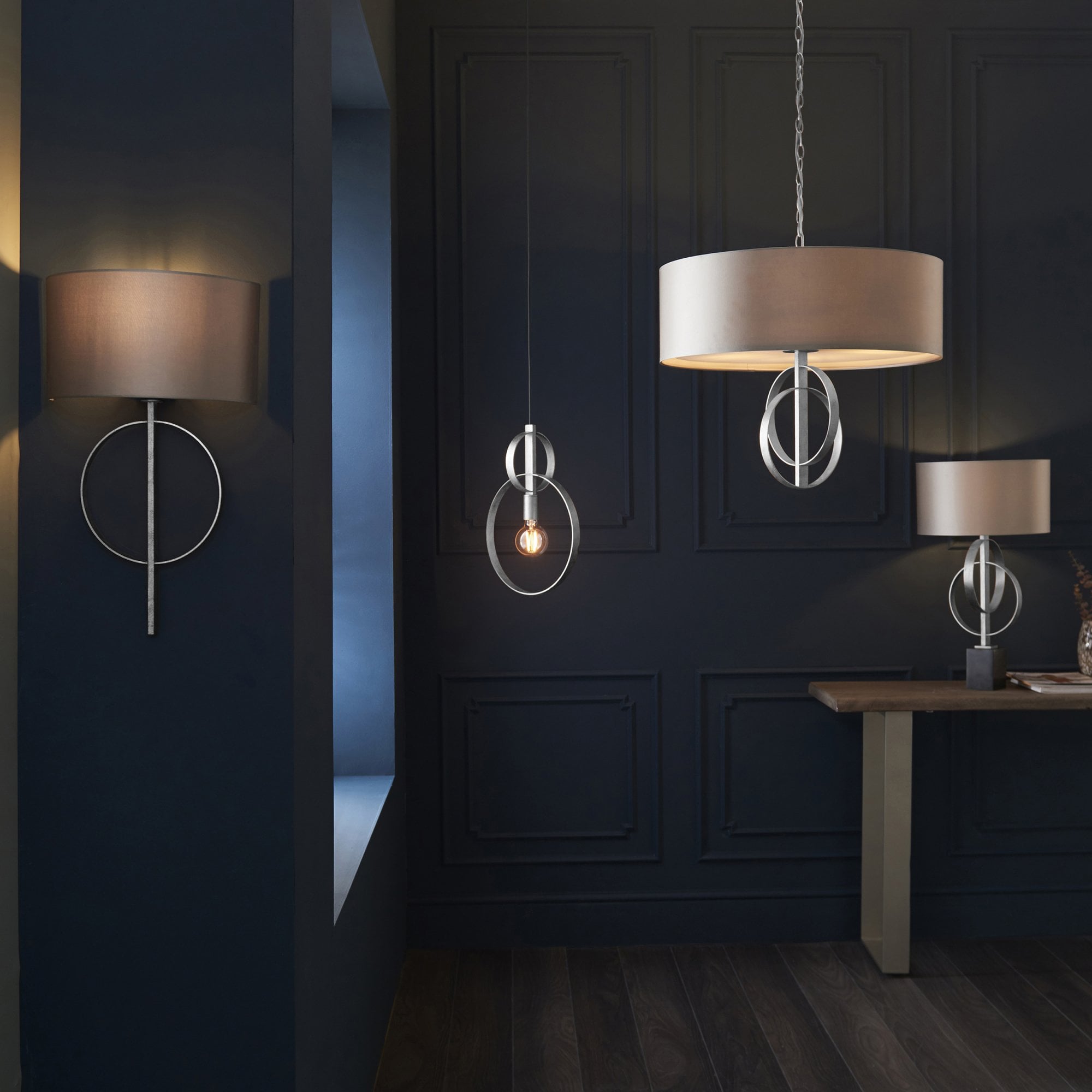 Utopia Interlink 5 Light Pendant - Antique Silver Leaf With Mink Shade - 70cm Diameter