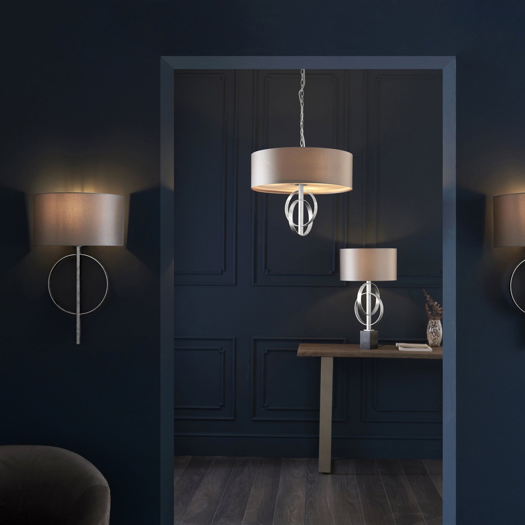 Utopia Interlink 3 Light Pendant - Antique Silver Leaf With Mink Shade - 60cm Diameter