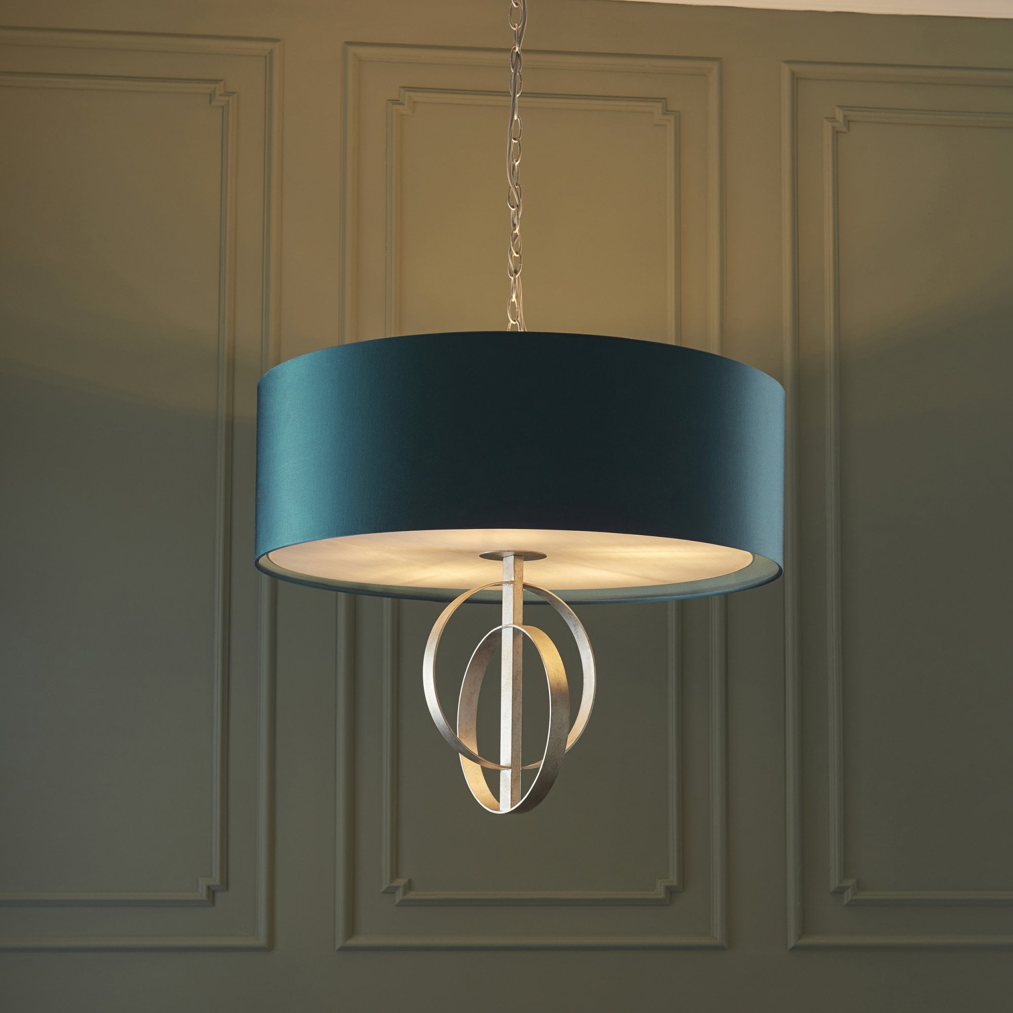 Utopia Interlink 5 Light Pendant - Antique Silver Leaf With Teal Shade - 70cm Diameter