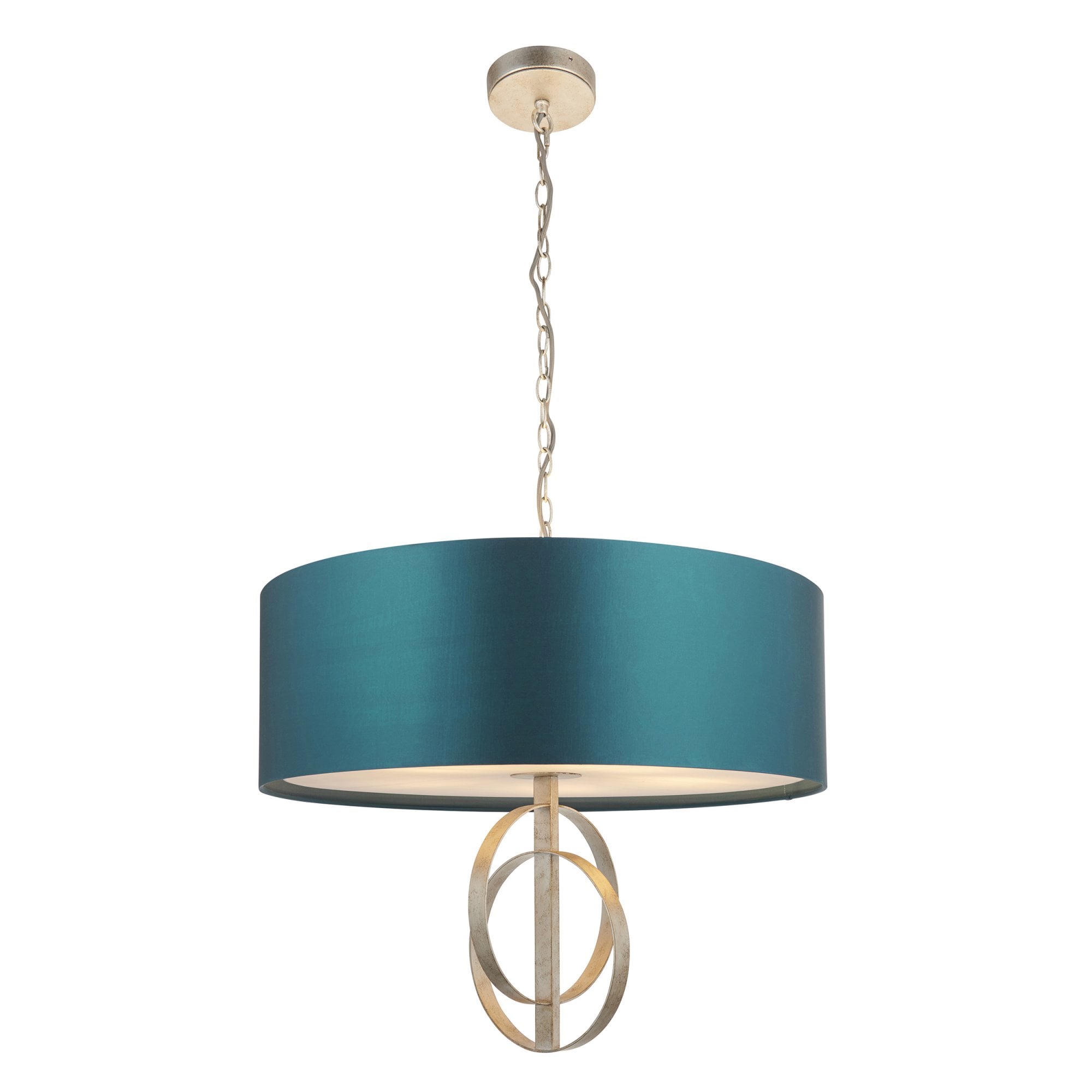 Utopia Interlink 5 Light Pendant - Antique Silver Leaf With Teal Shade - 70cm Diameter