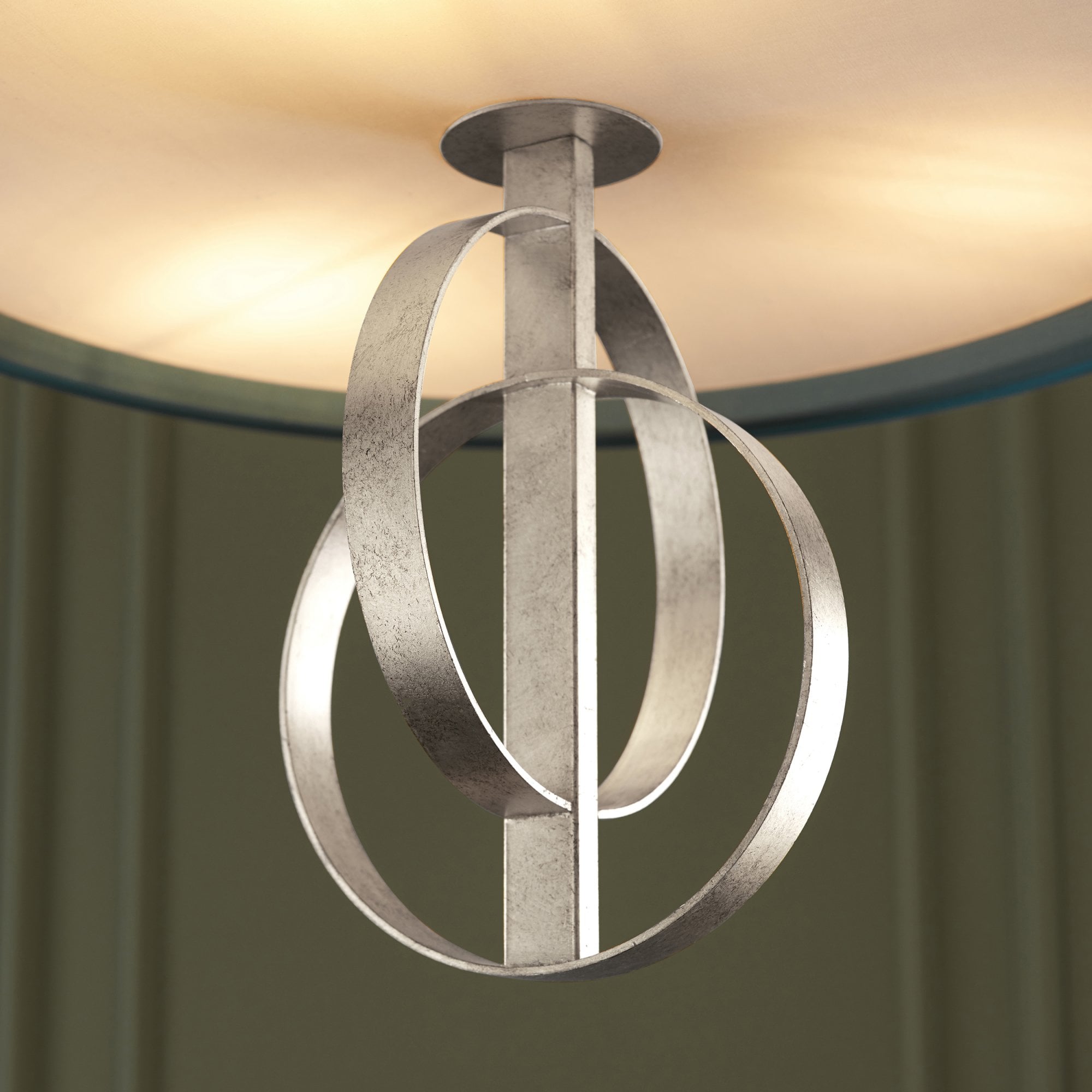 Utopia Interlink 3 Light Pendant - Antique Silver Leaf With Teal Shade - 60cm Diameter