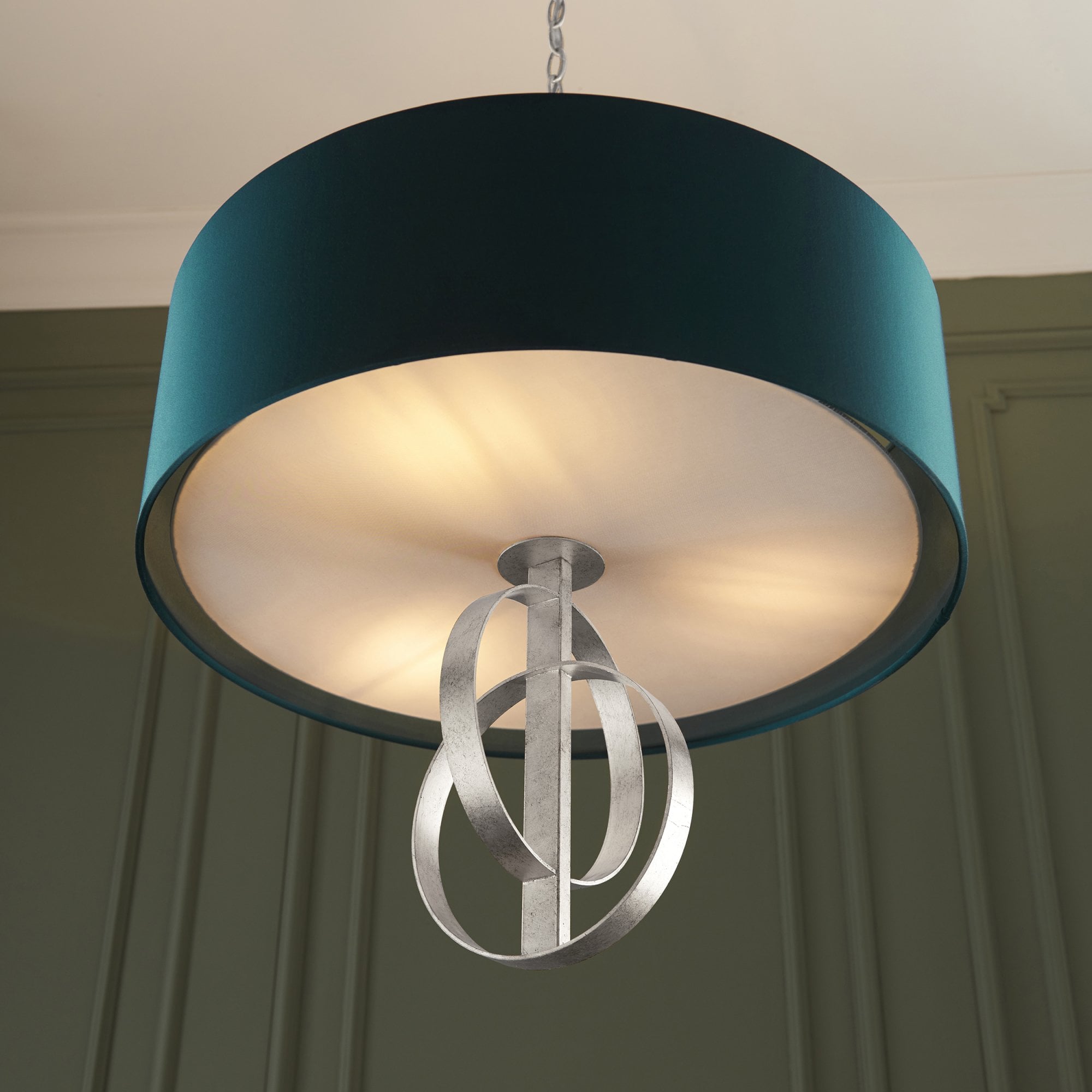 Utopia Interlink 3 Light Pendant - Antique Silver Leaf With Teal Shade - 60cm Diameter