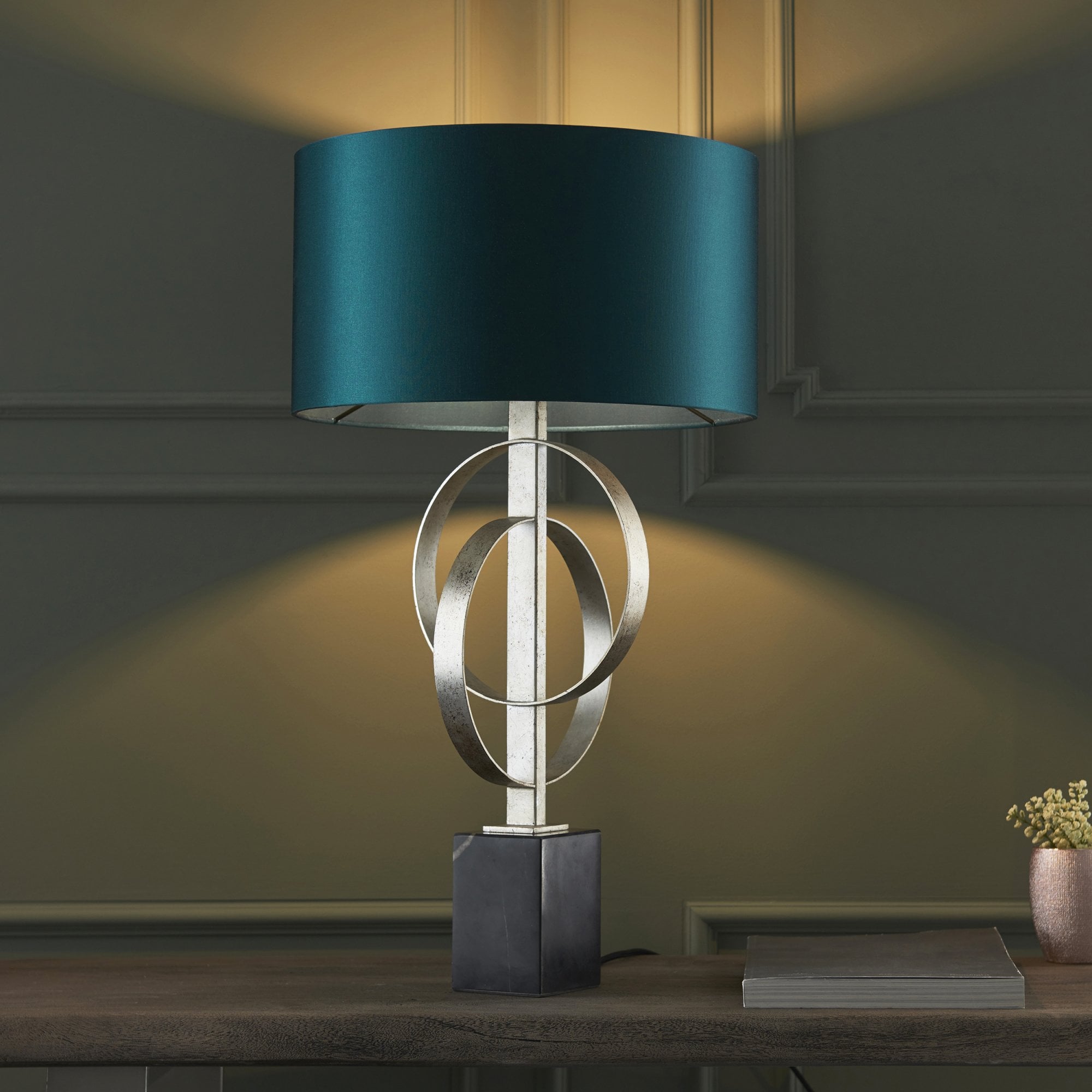Utopia Interlink Table Lamp - Antique Silver Leaf With Teal Shade