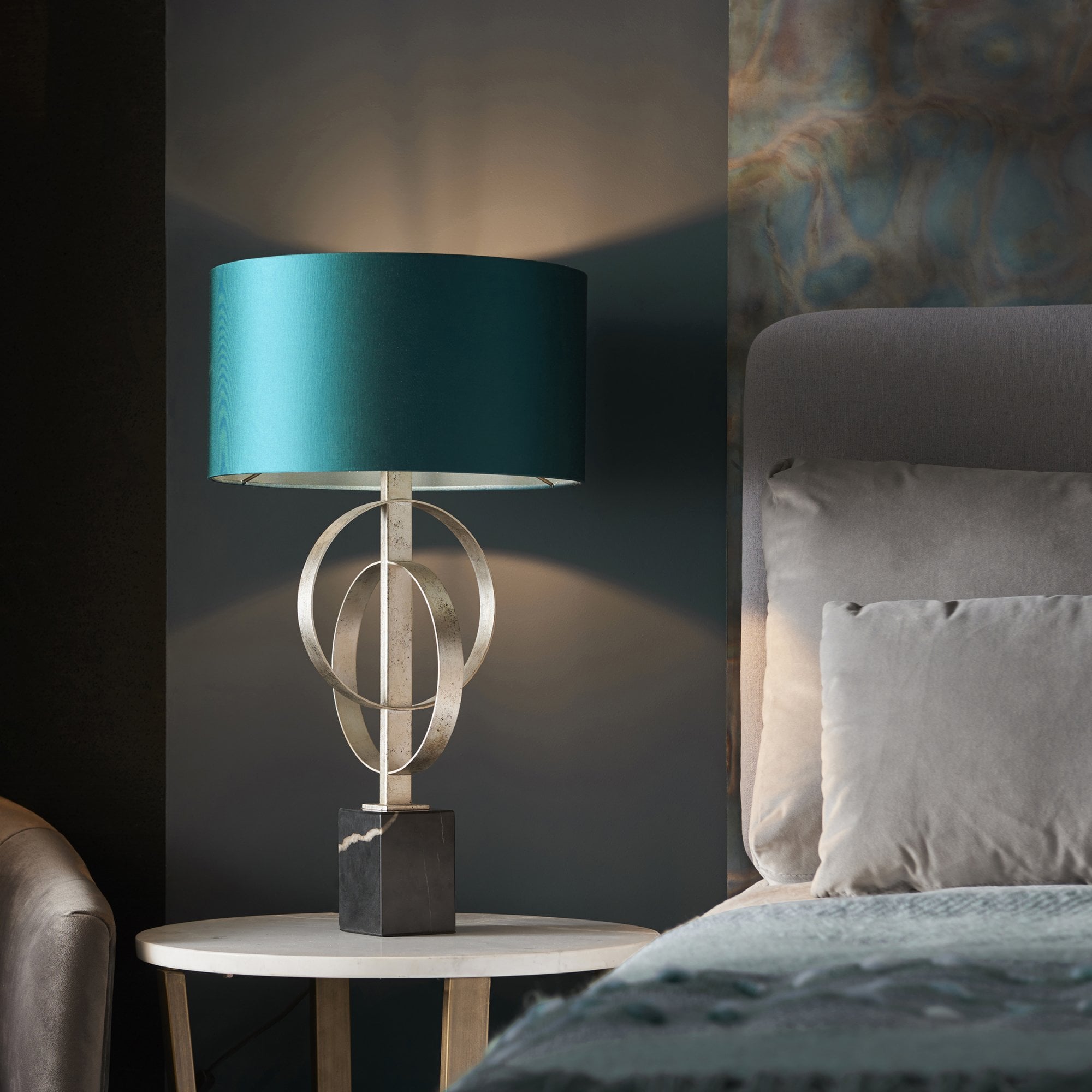 Utopia Interlink Table Lamp - Antique Silver Leaf With Teal Shade