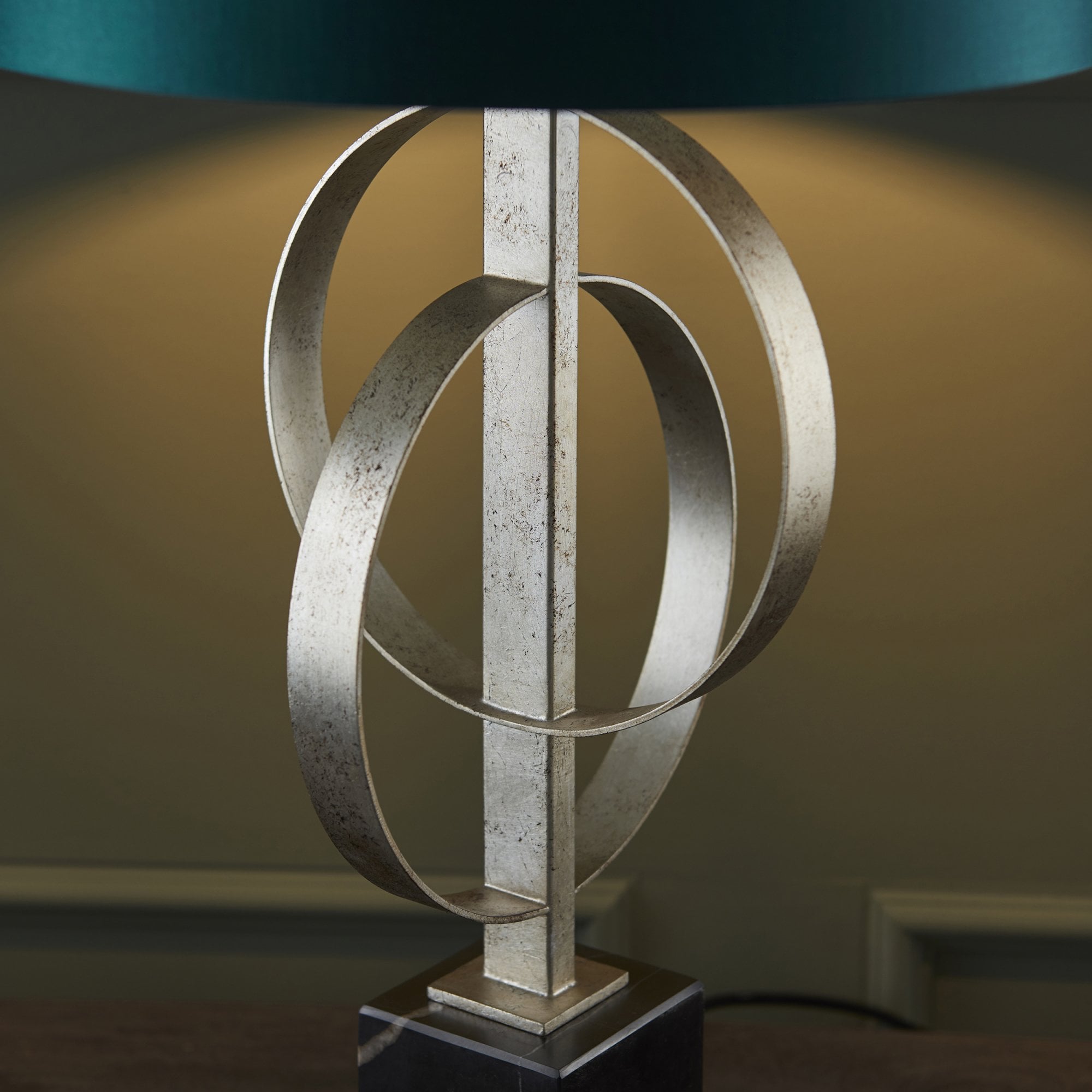 Utopia Interlink Table Lamp - Antique Silver Leaf With Teal Shade