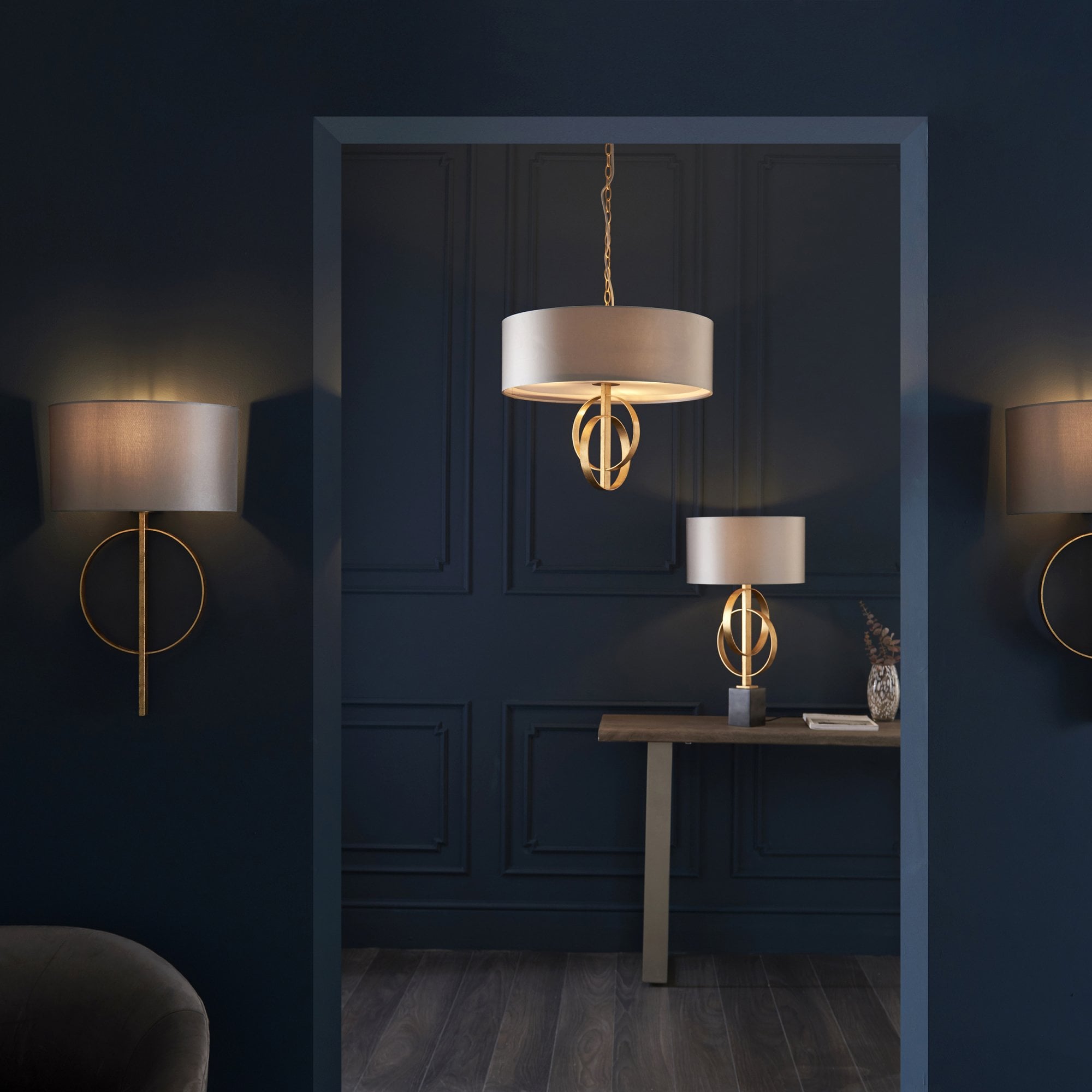 Utopia Interlink Table Lamp - Antique Gold With Mink Shade