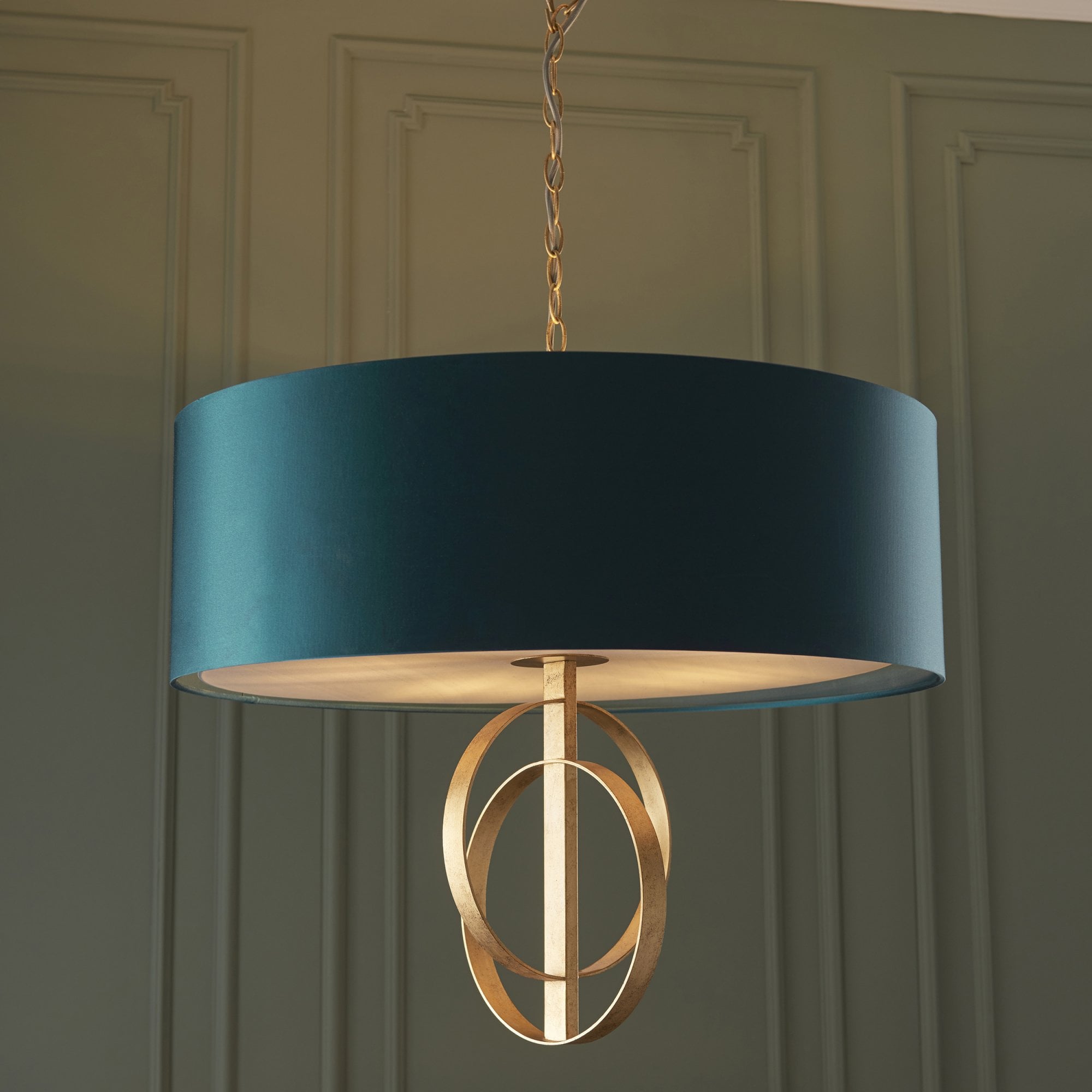 Utopia Interlink 5 Light Pendant - Antique Gold With Teal Shade - 70cm Diameter