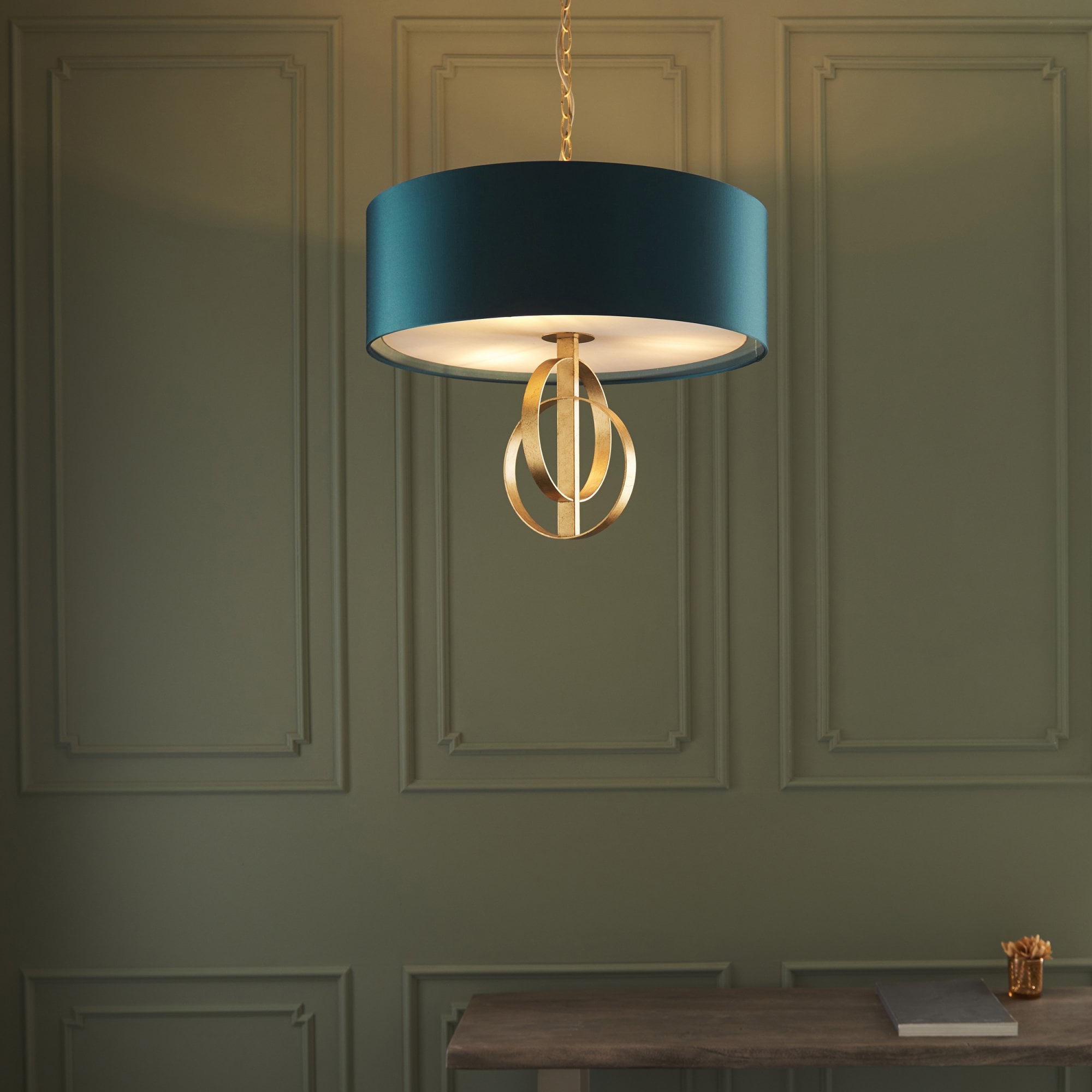 Utopia Interlink 3 Light Pendant - Antique Gold With Teal Shade - 60cm Diameter