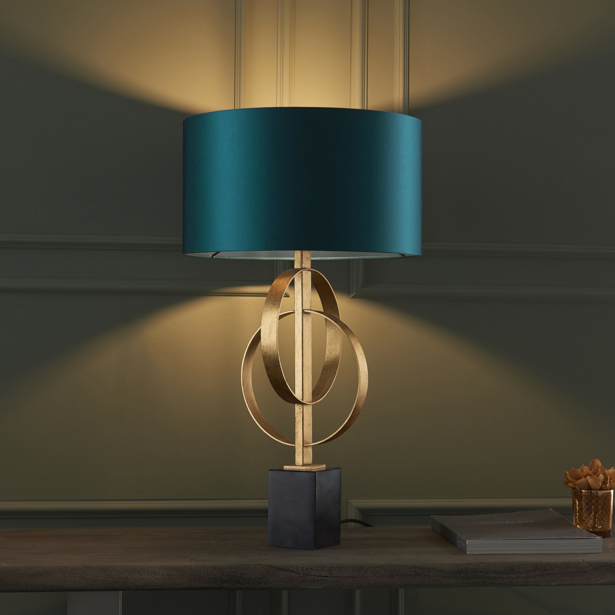 Utopia Interlink Table Lamp - Antique Gold With Teal Shade