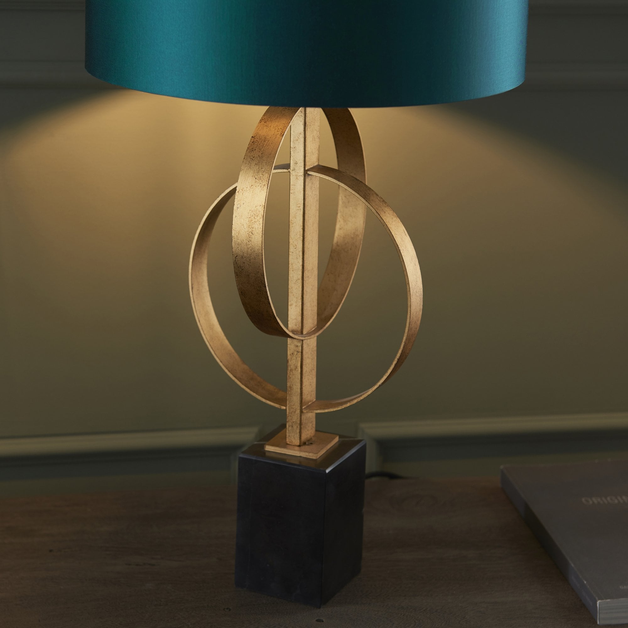 Utopia Interlink Table Lamp - Antique Gold With Teal Shade