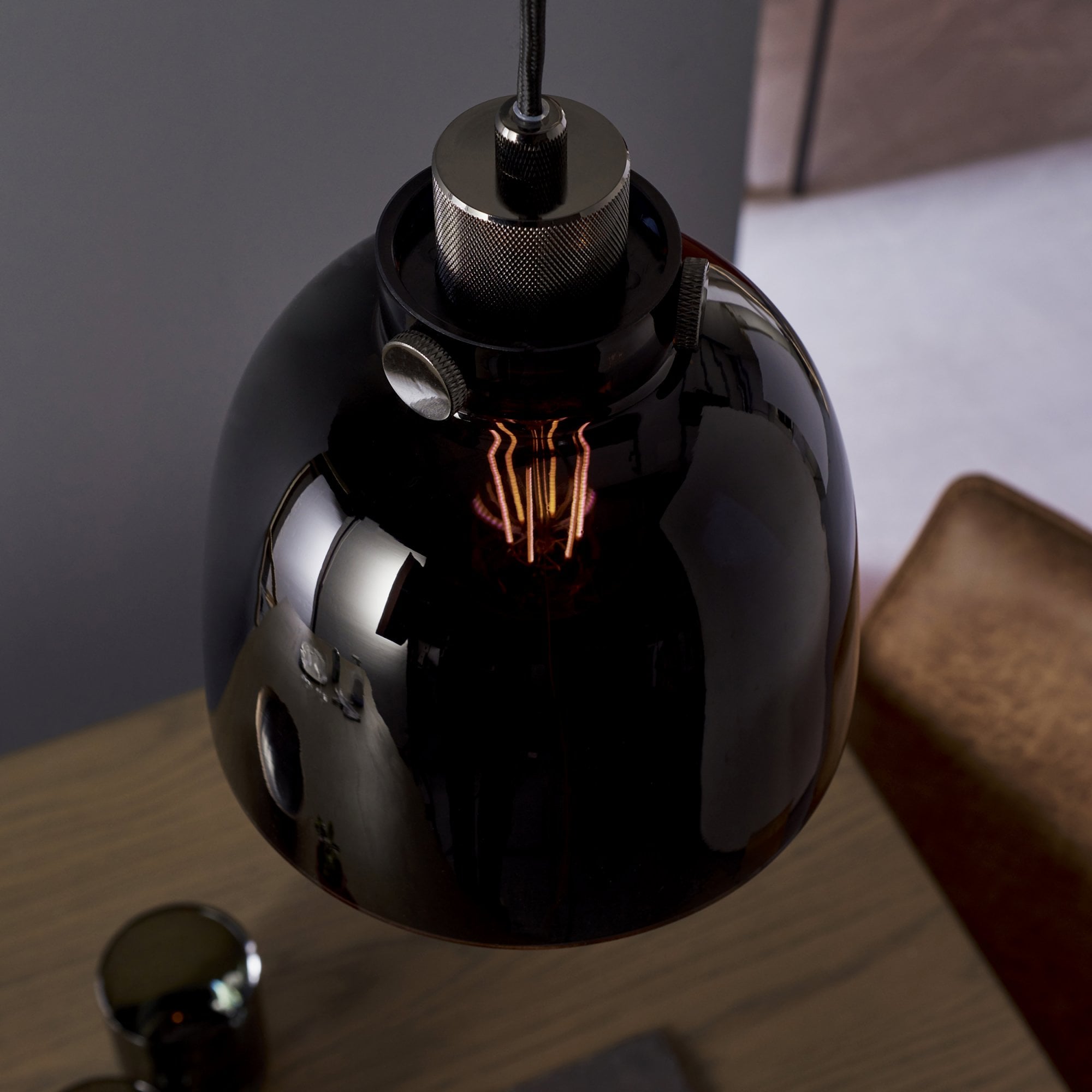 Endon Metallic Single Pendant - Black Chrome With Black Tinted Glass