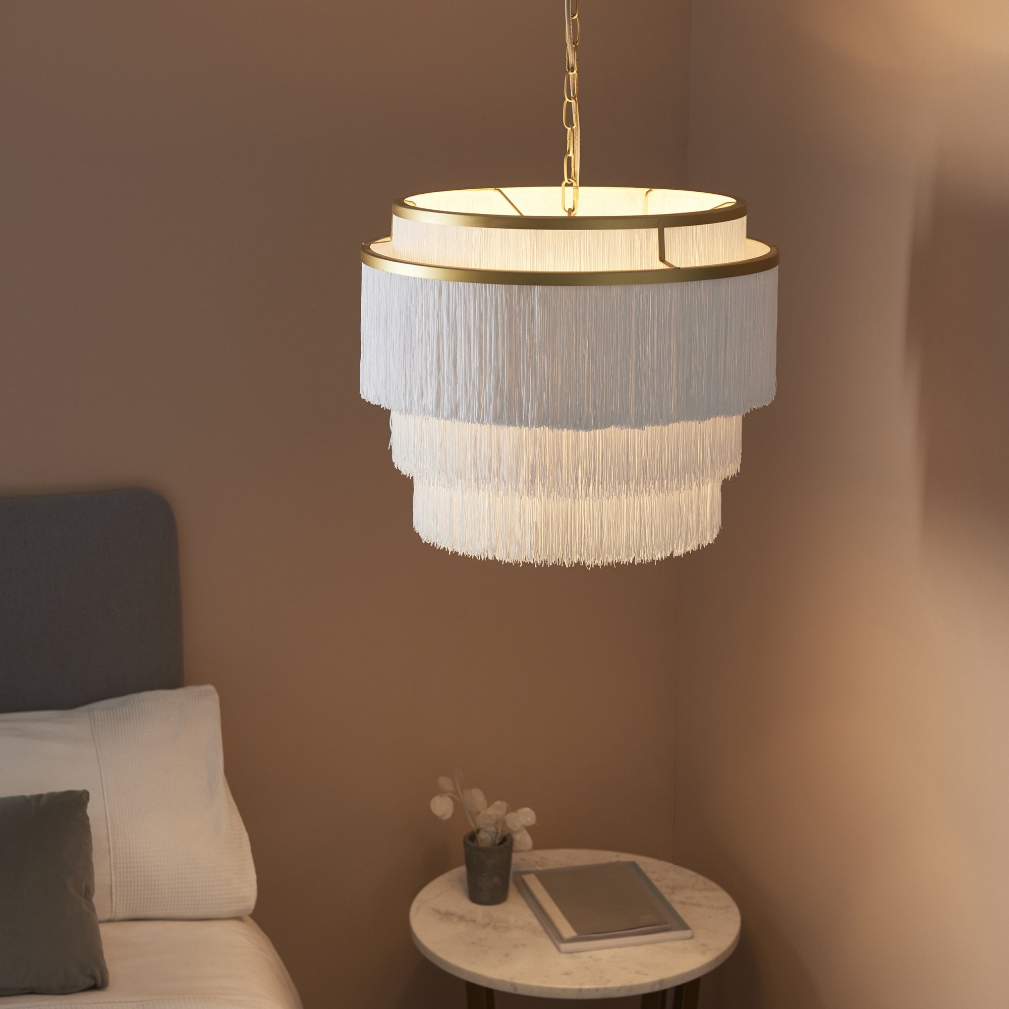 Utopia Gatsby 3 Light Pendant - Matt Gold With White Fringe Shade - 50cm Diameter