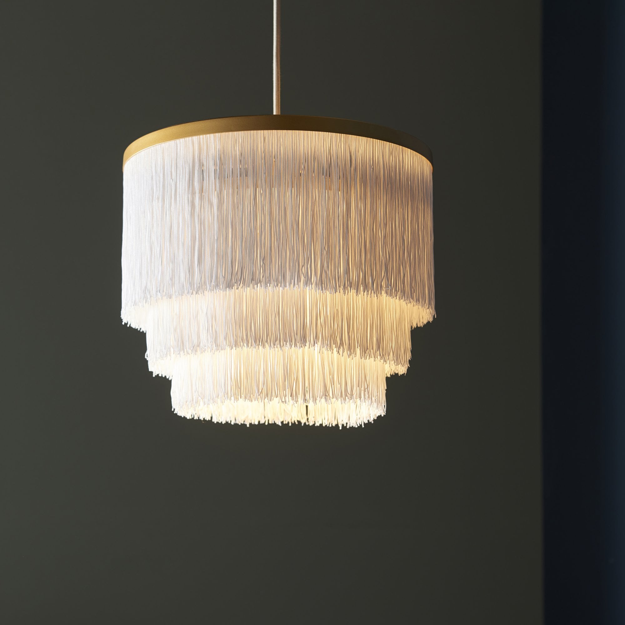 Utopia Gatsby Single Pendant - Matt Gold With White Fringe Shade - 30cm Diameter