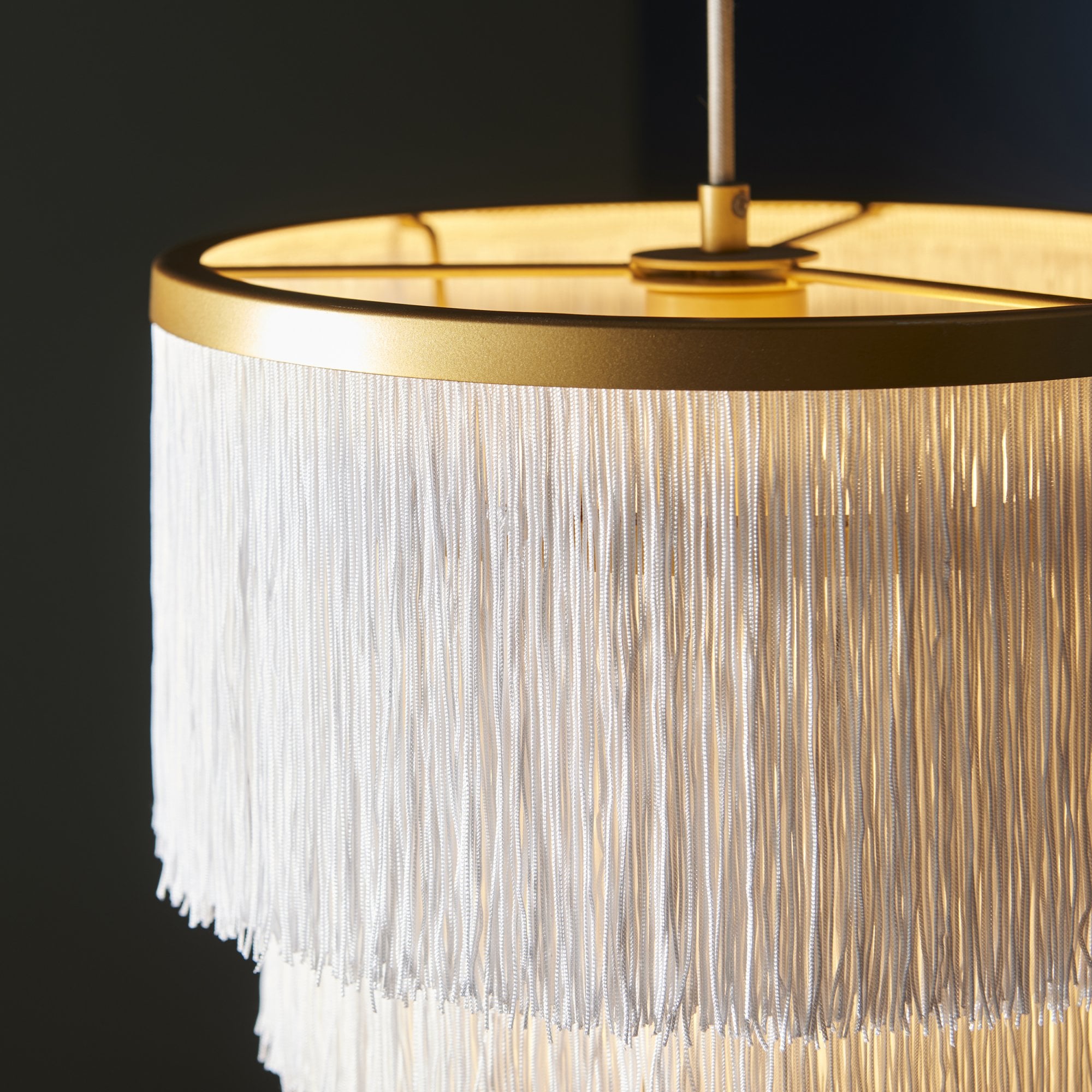 Utopia Gatsby Single Pendant - Matt Gold With White Fringe Shade - 30cm Diameter