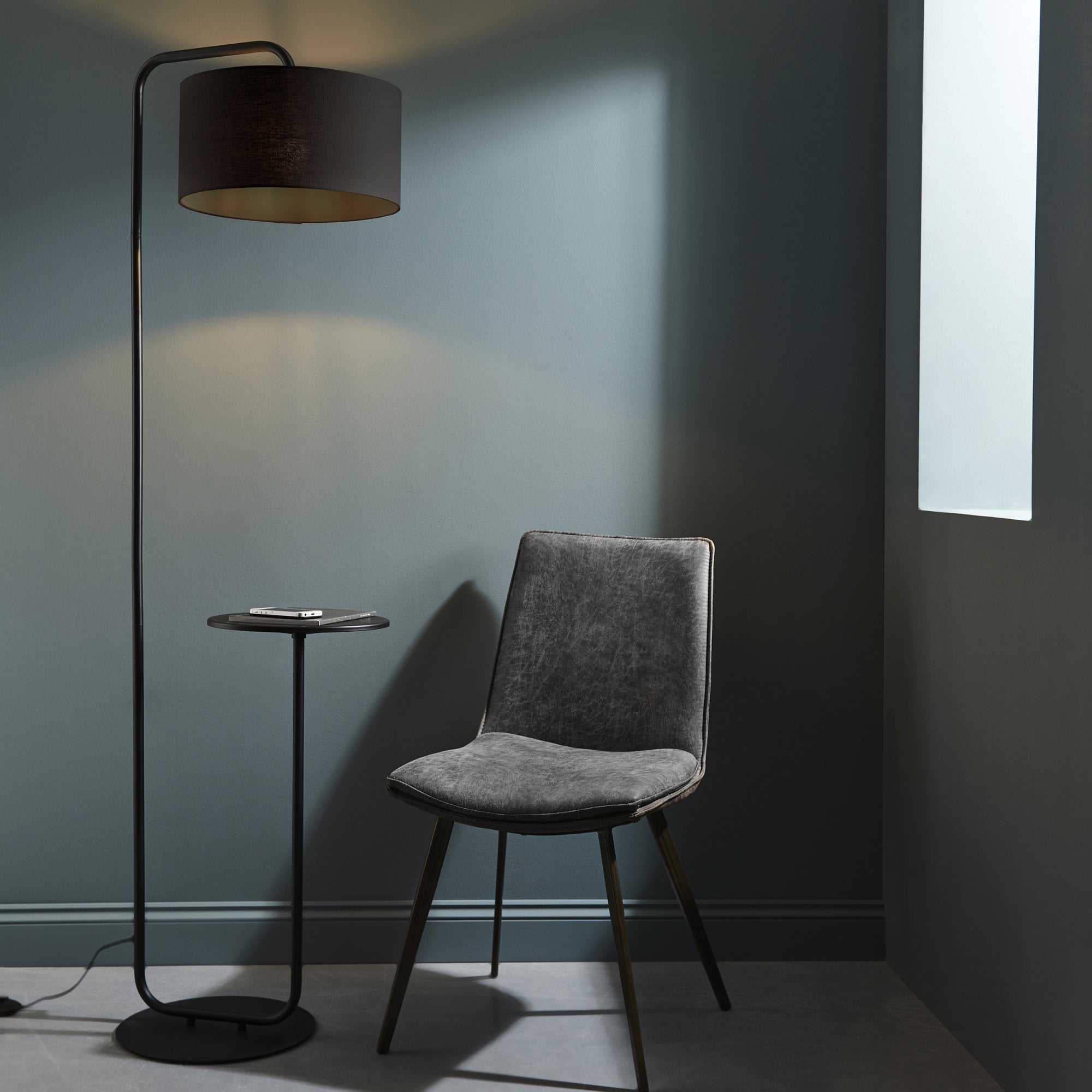 Endon The Modern Floor Lamp With Table - Satin Black With Black Shade