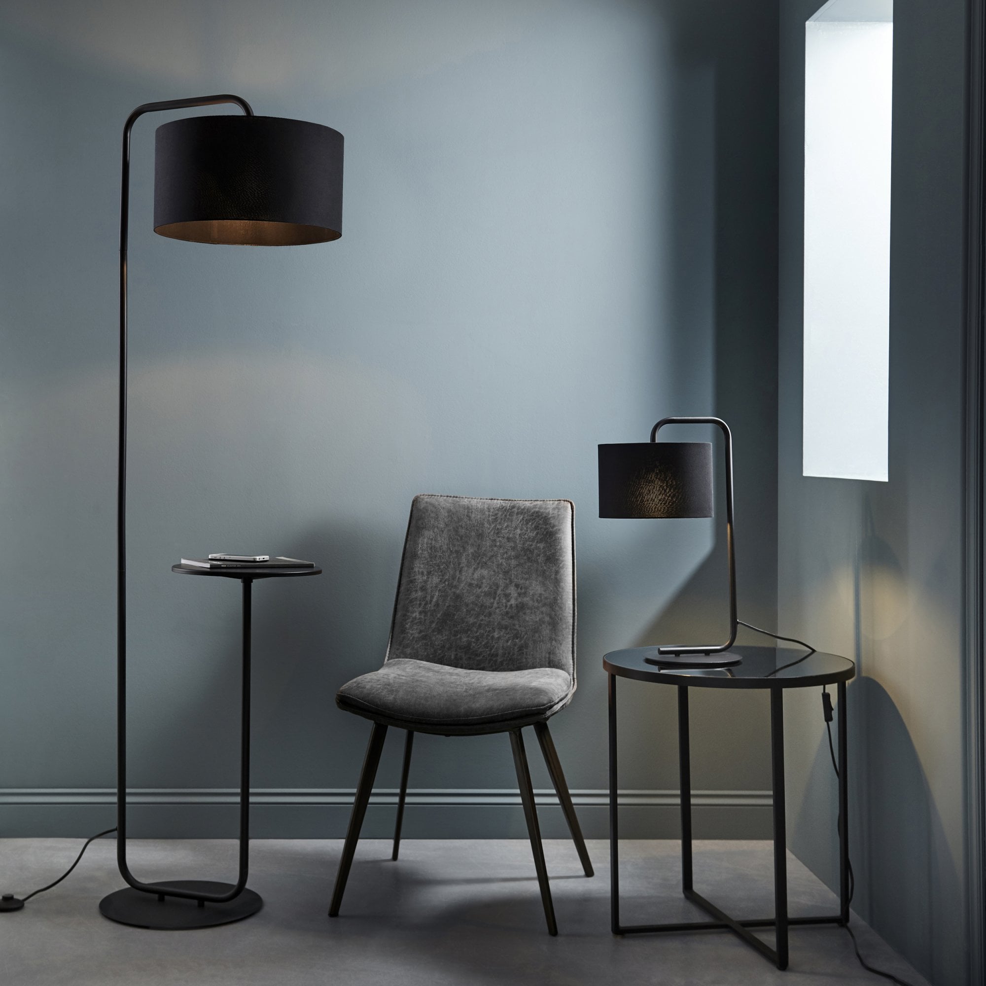 Endon The Modern Floor Lamp With Table - Satin Black With Black Shade