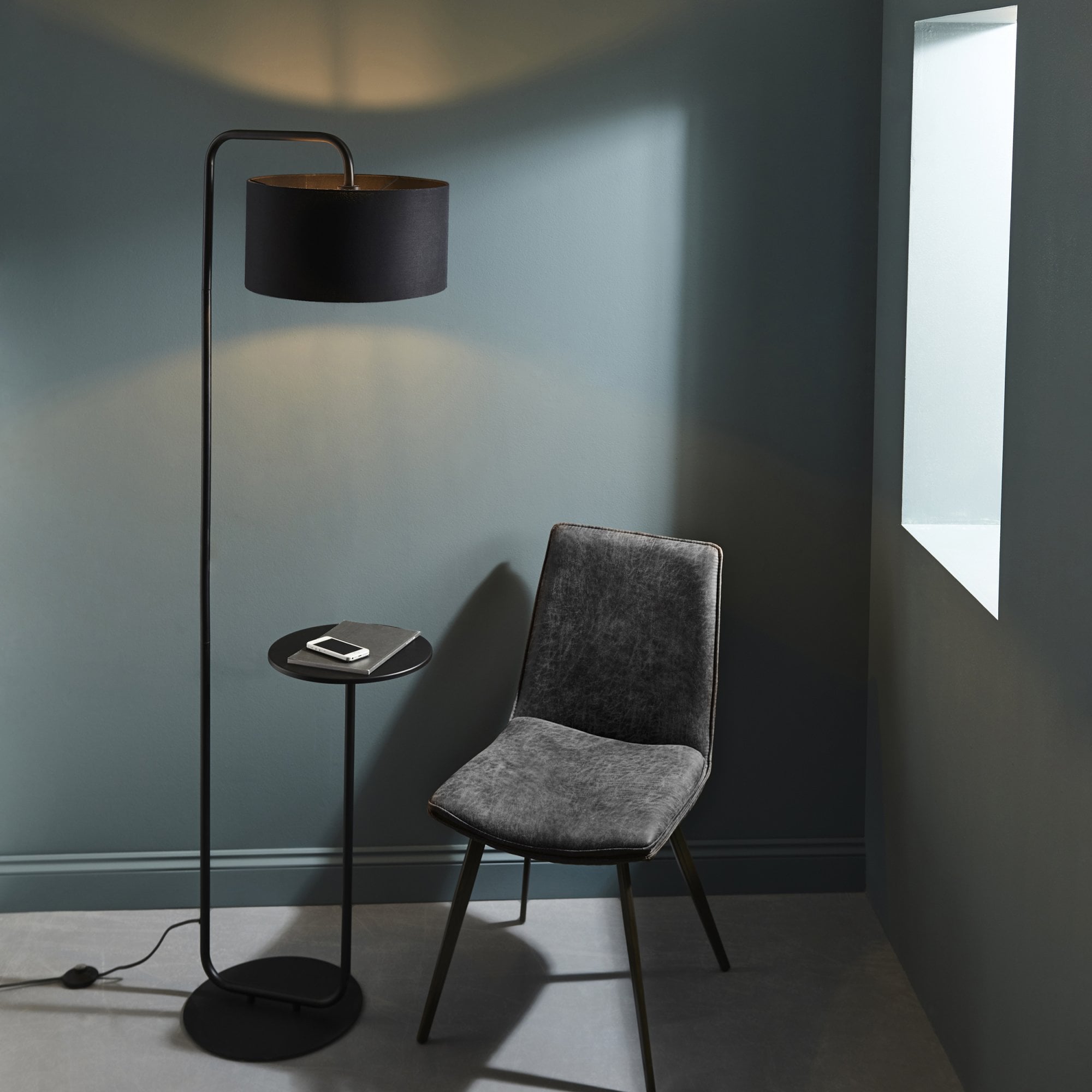 Endon The Modern Floor Lamp With Table - Satin Black With Black Shade