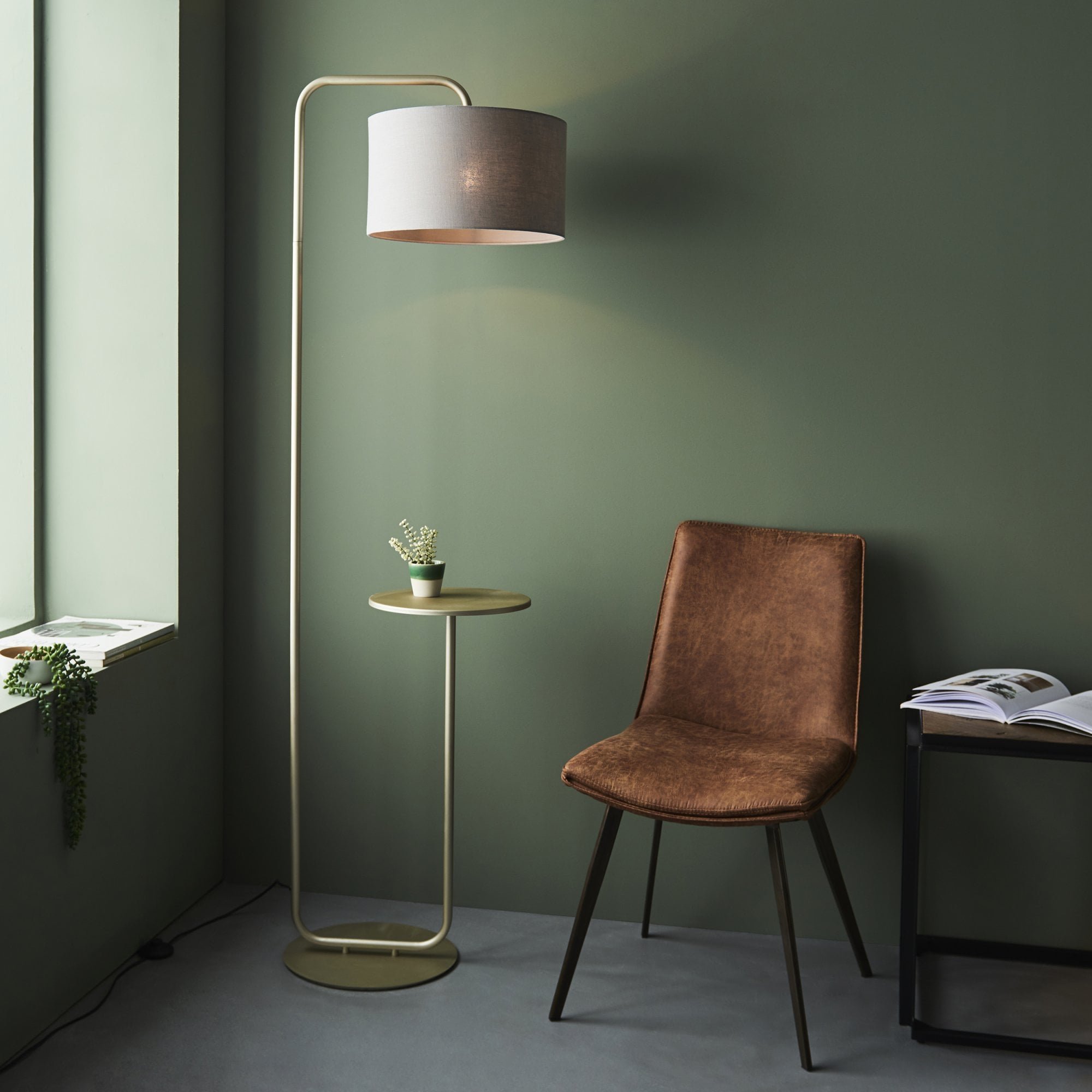 Endon The Modern Floor Lamp With Table - Satin Champagne With Slate Grey Shade