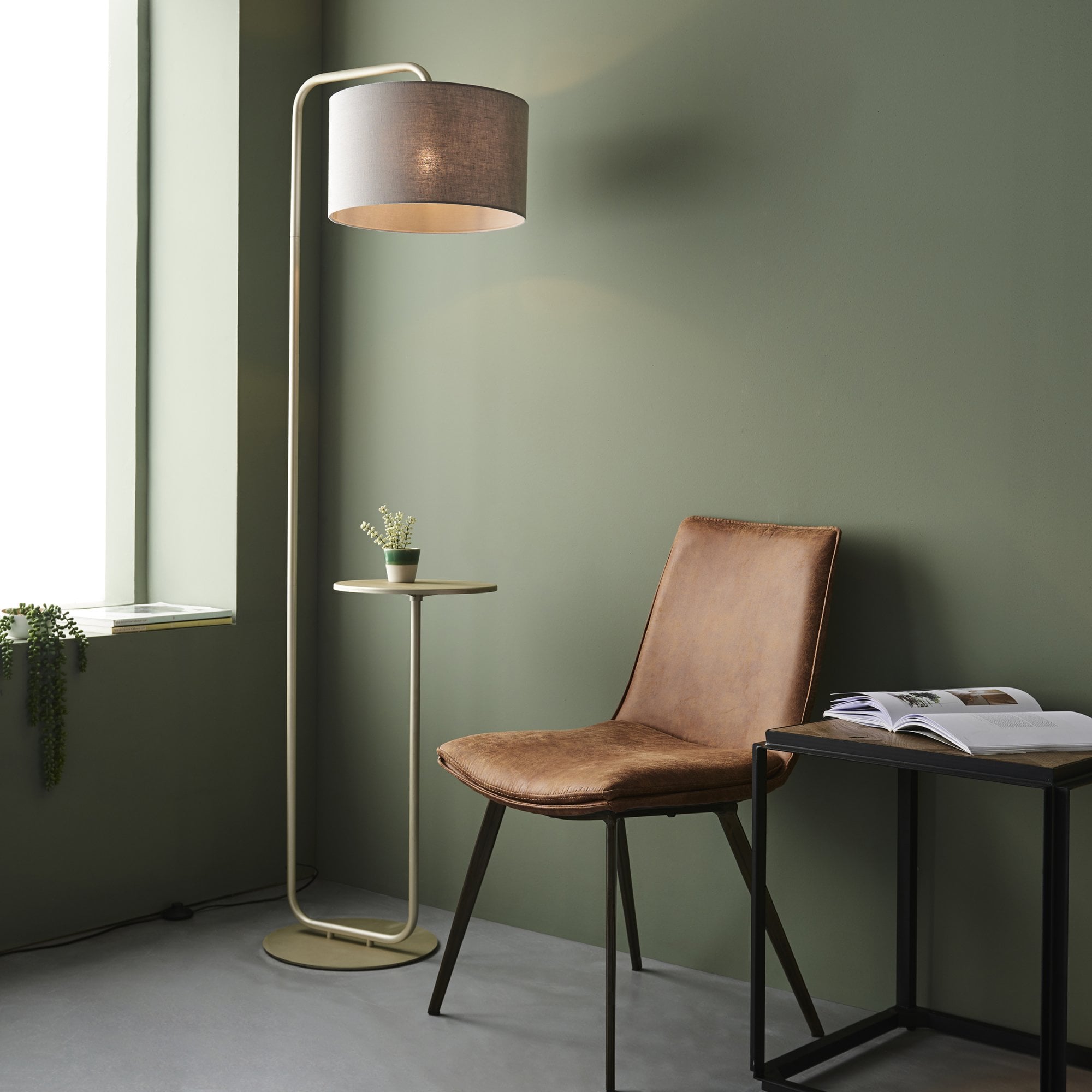 Endon The Modern Floor Lamp With Table - Satin Champagne With Slate Grey Shade
