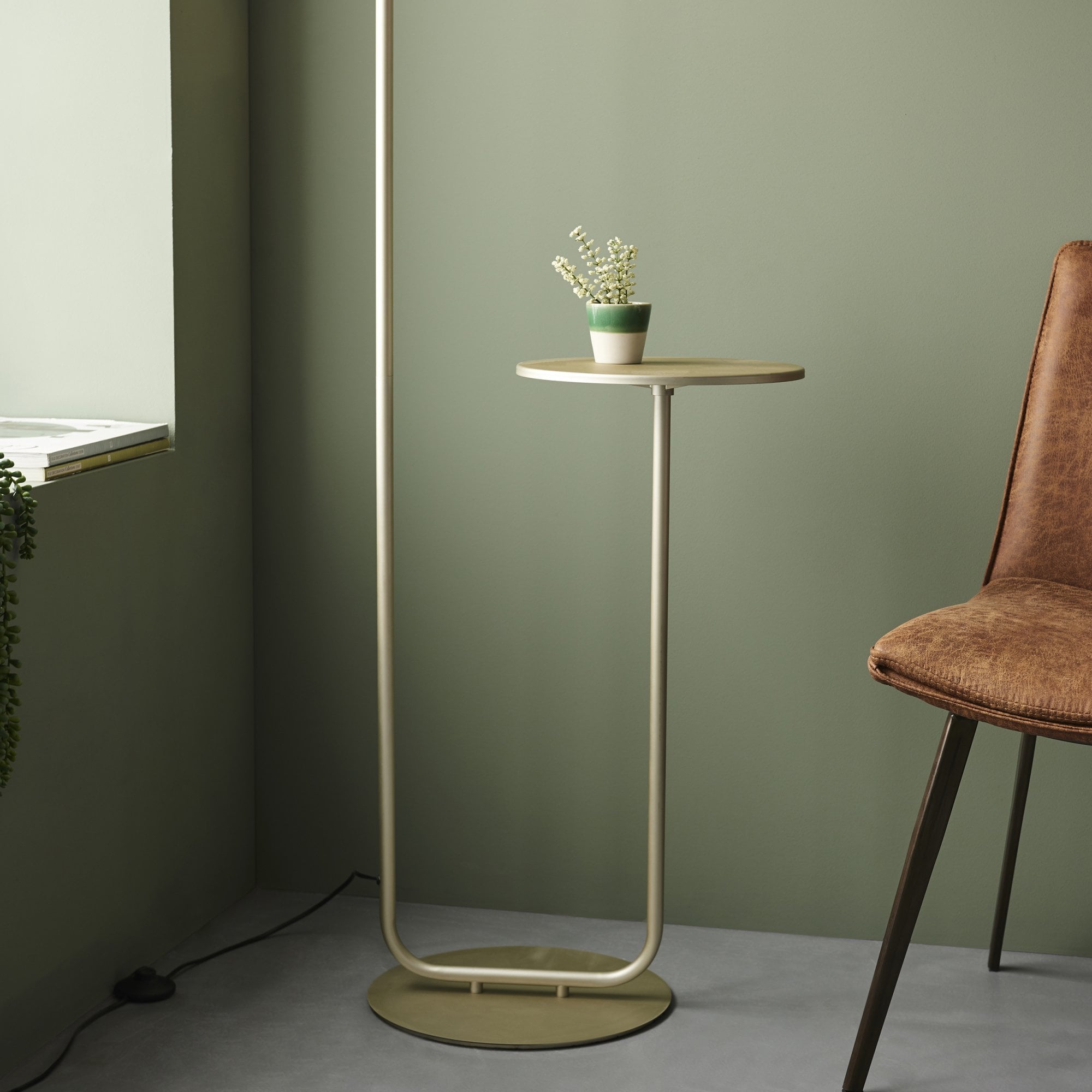 Endon The Modern Floor Lamp With Table - Satin Champagne With Slate Grey Shade