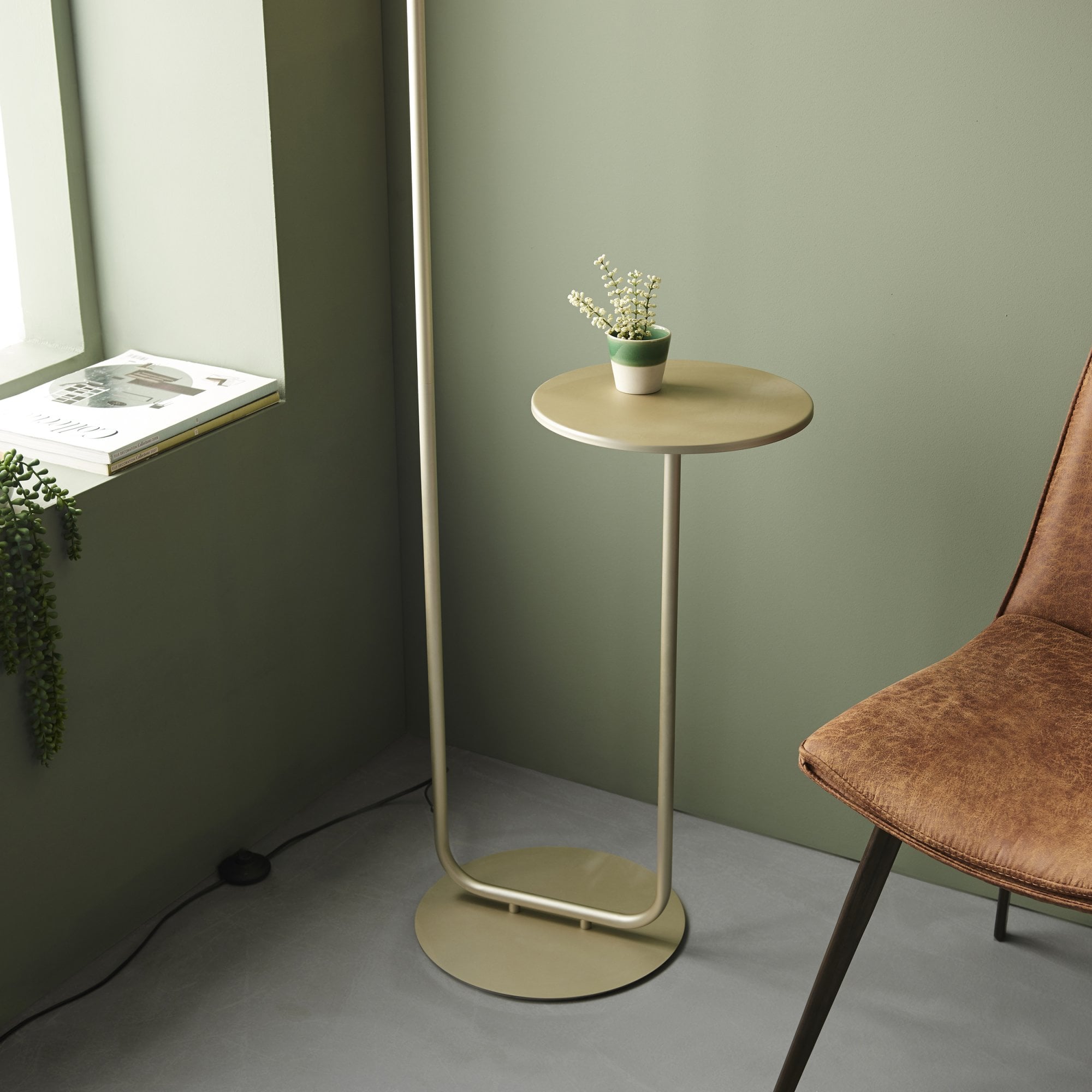 Endon The Modern Floor Lamp With Table - Satin Champagne With Slate Grey Shade