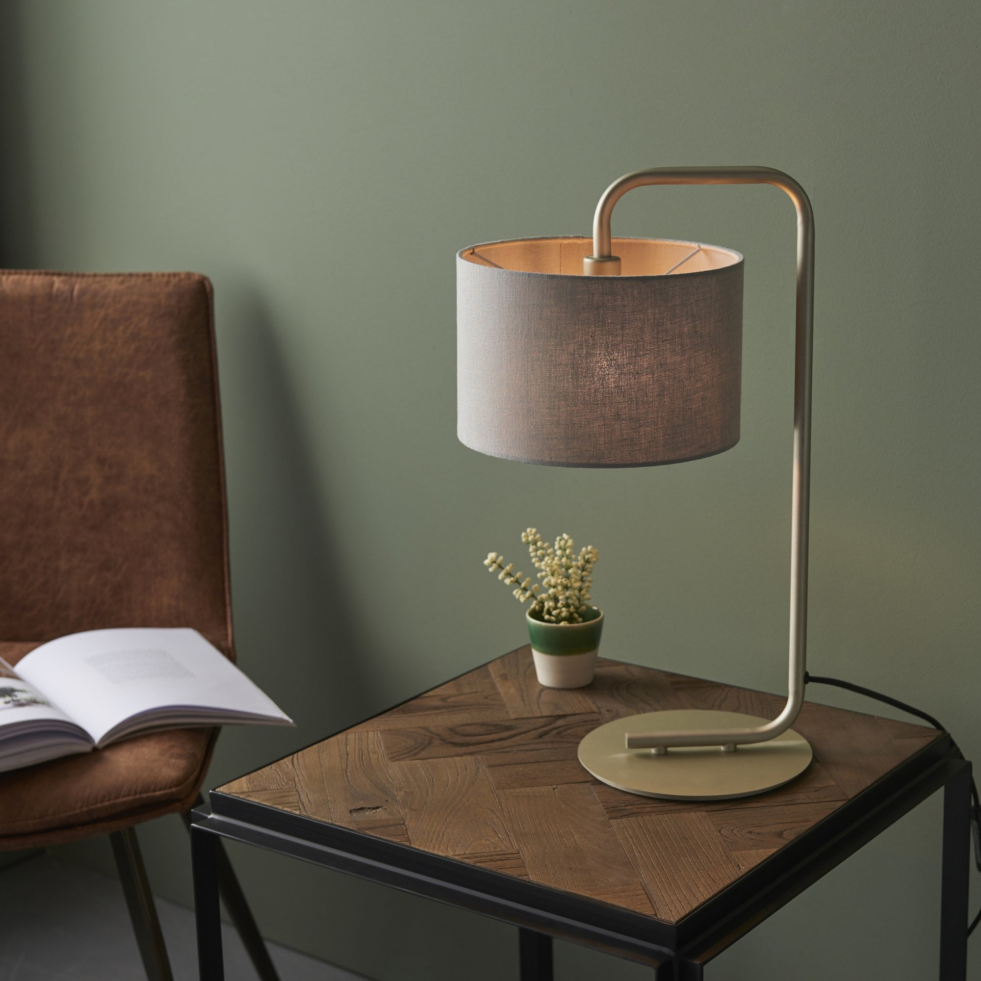 Endon Landis Table Lamp - Satin Champagne With Slate Grey Shade