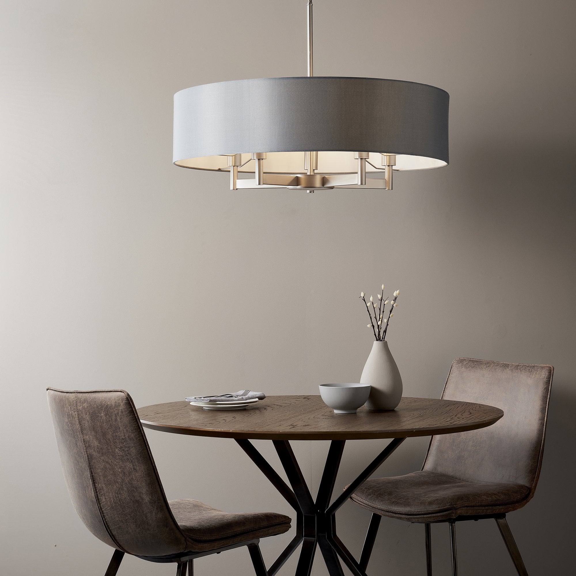 Endon Grande 5 Light Pendant Chandelier - Matt Nickel And Grey Shade - 80cm Diameter
