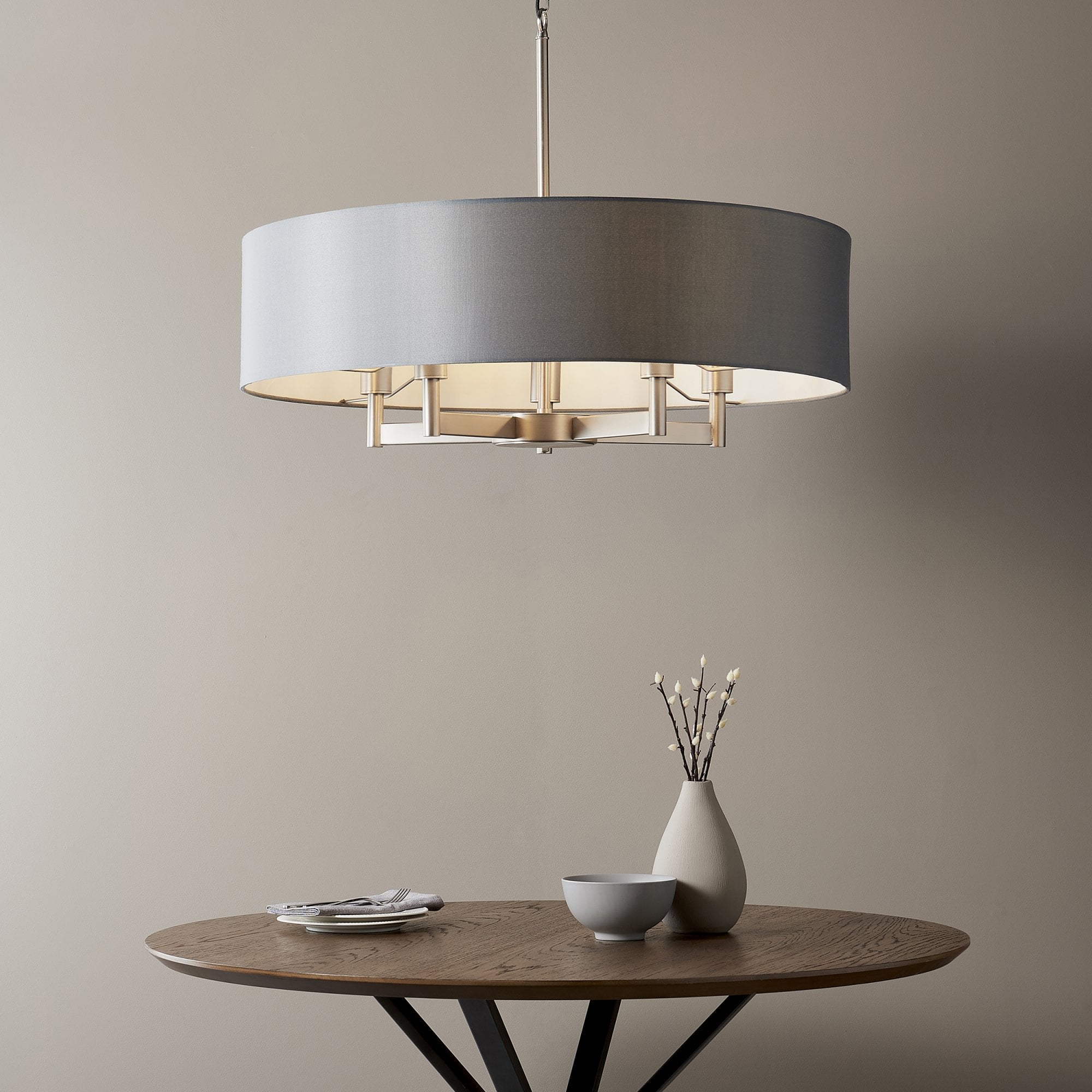 Endon Grande 5 Light Pendant Chandelier - Matt Nickel And Grey Shade - 80cm Diameter