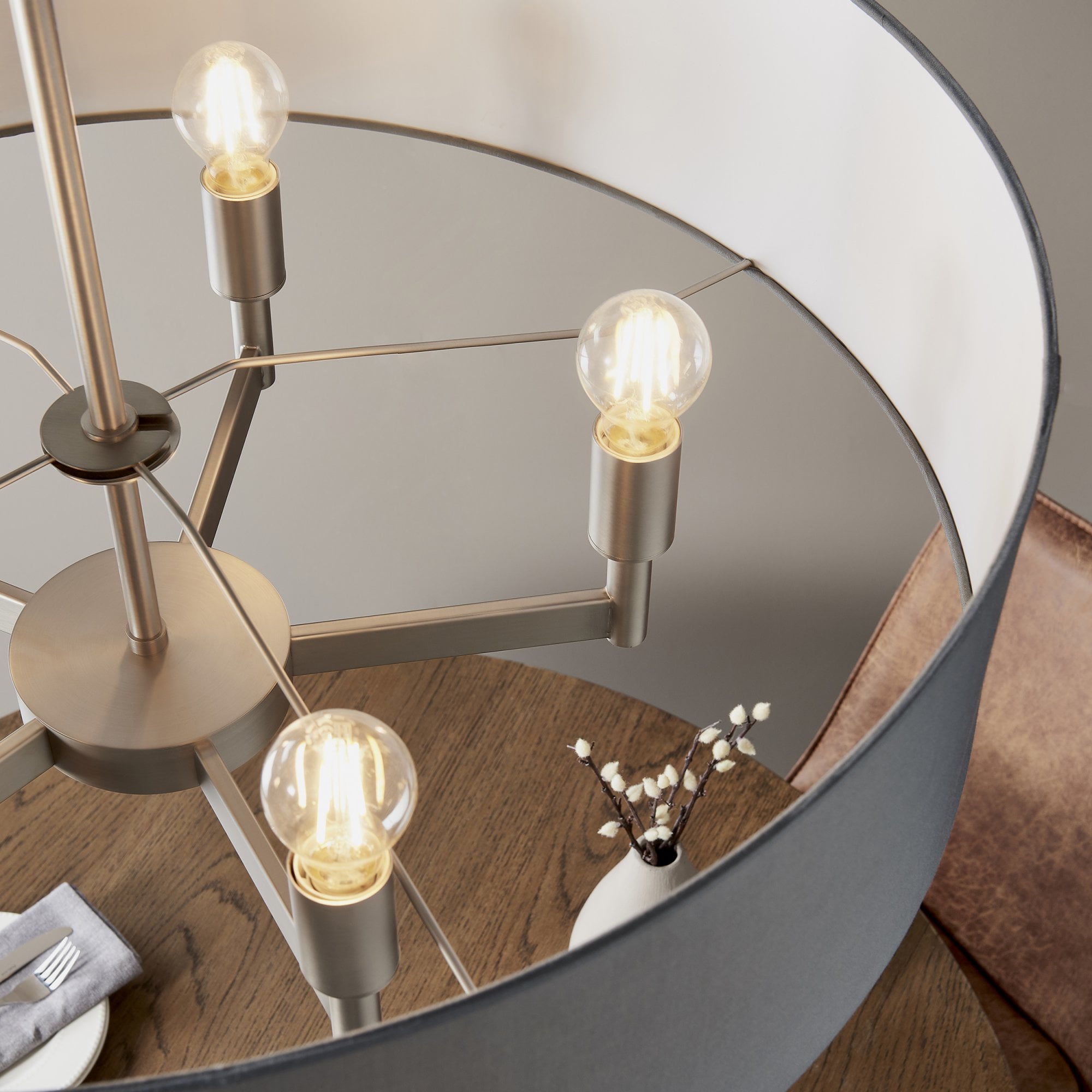 Endon Grande 5 Light Pendant Chandelier - Matt Nickel And Grey Shade - 80cm Diameter