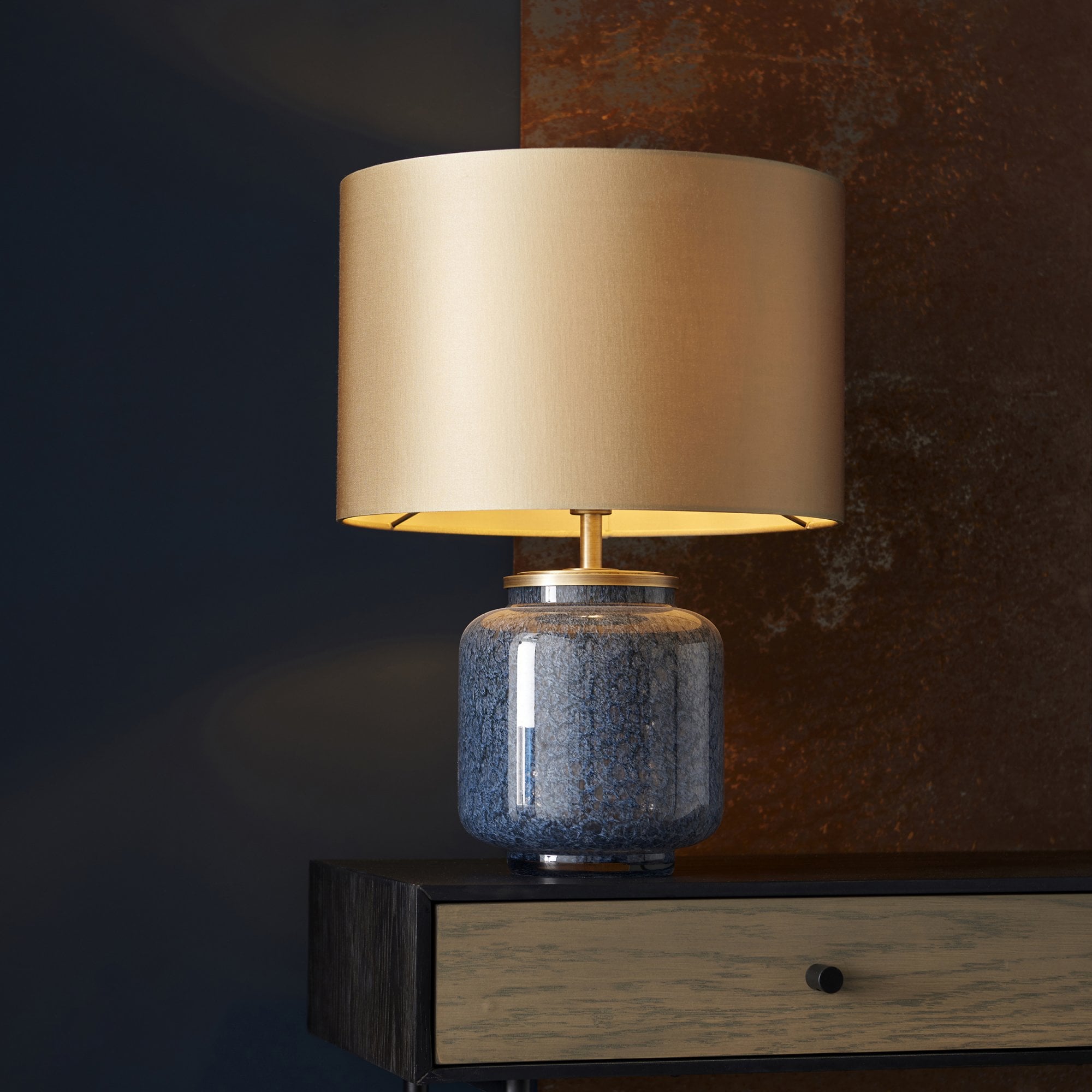 Utopia Speckle Table Lamp - Cobalt Glass And Gold Shade