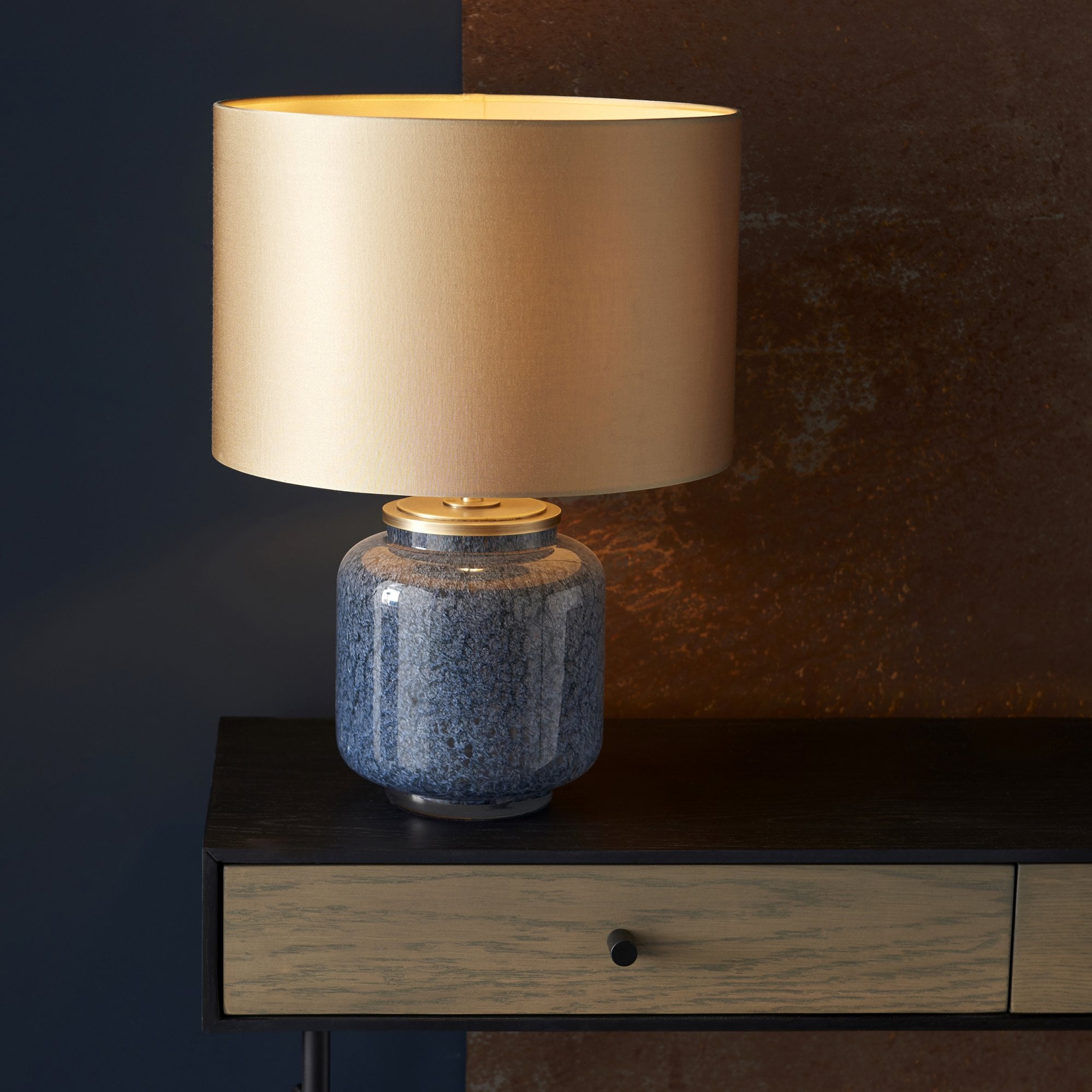 Utopia Speckle Table Lamp - Cobalt Glass And Gold Shade