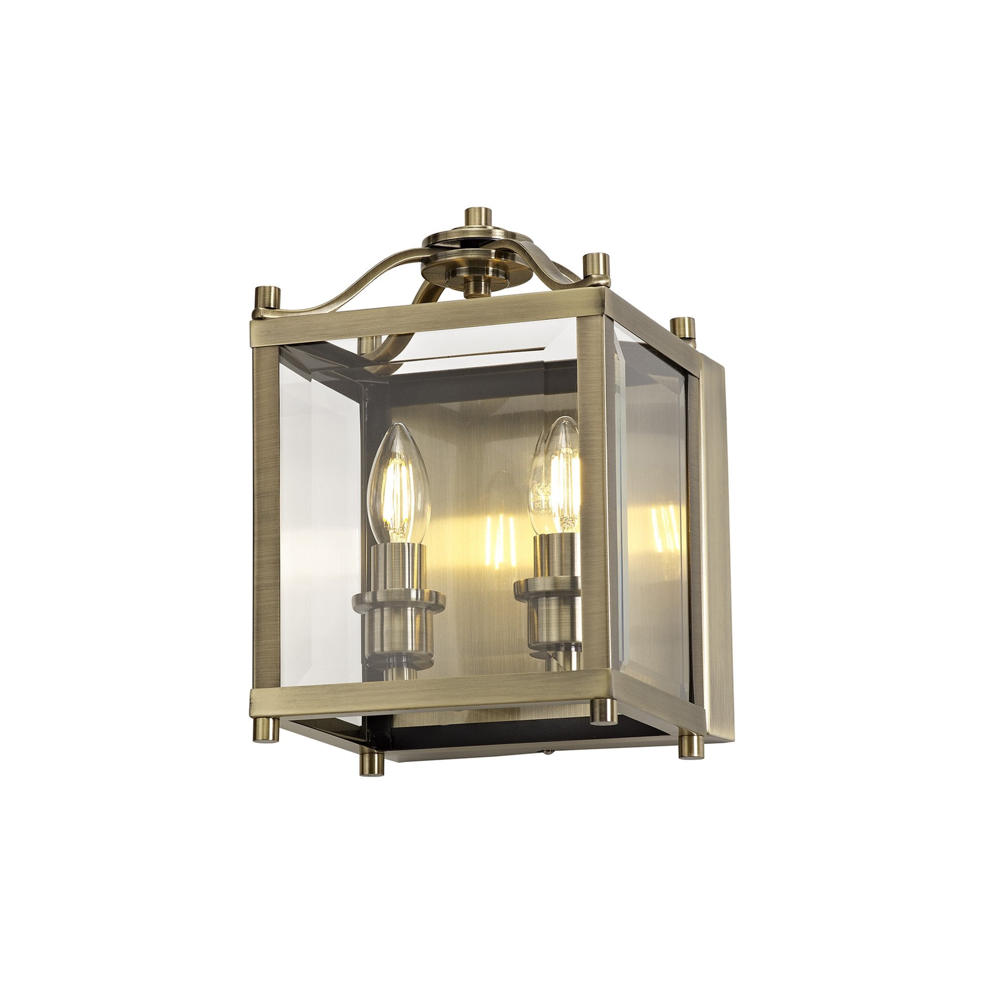 Diyas Aston Wall Lamp 2 Light - Antique Brass & Glass