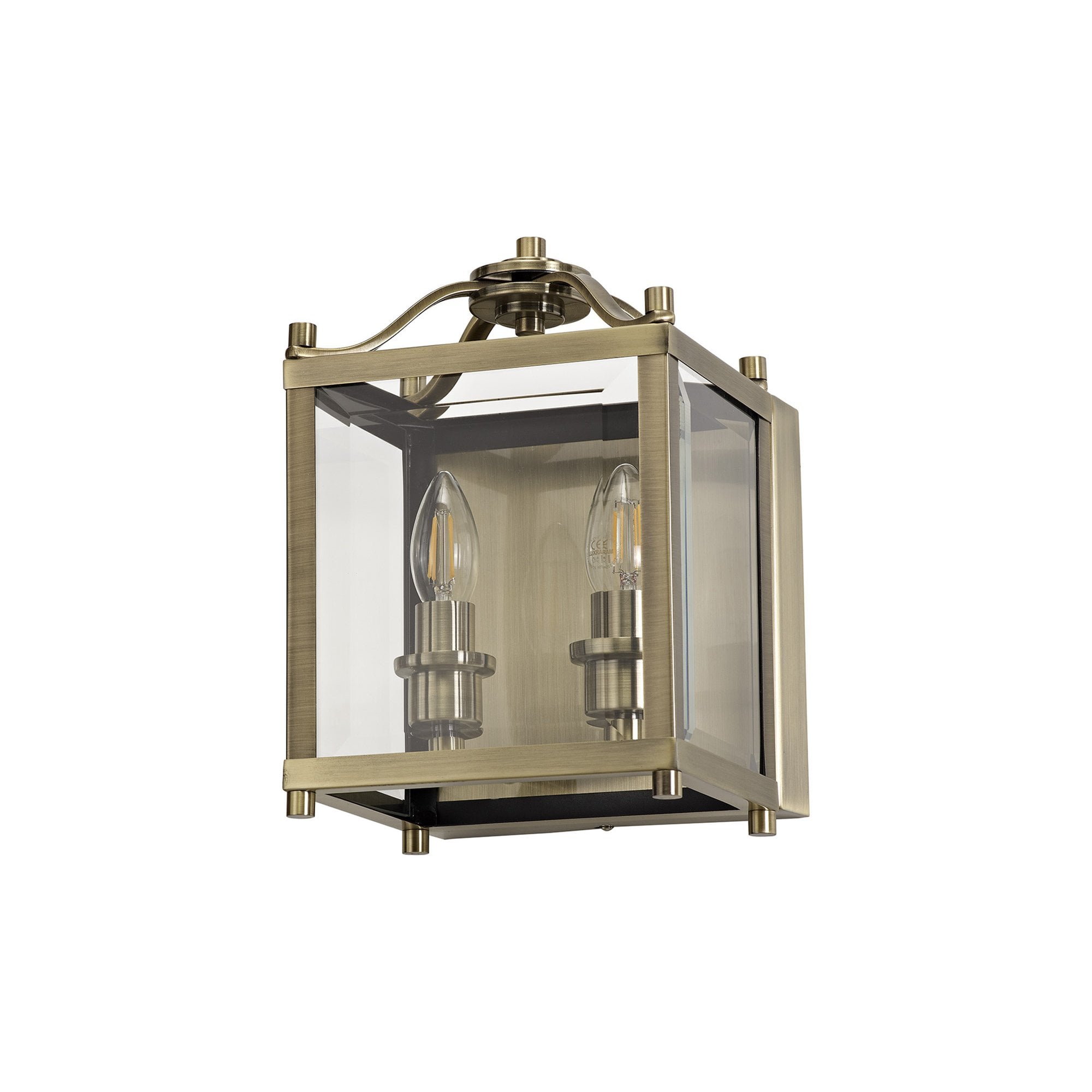 Diyas Aston Wall Lamp 2 Light - Antique Brass & Glass