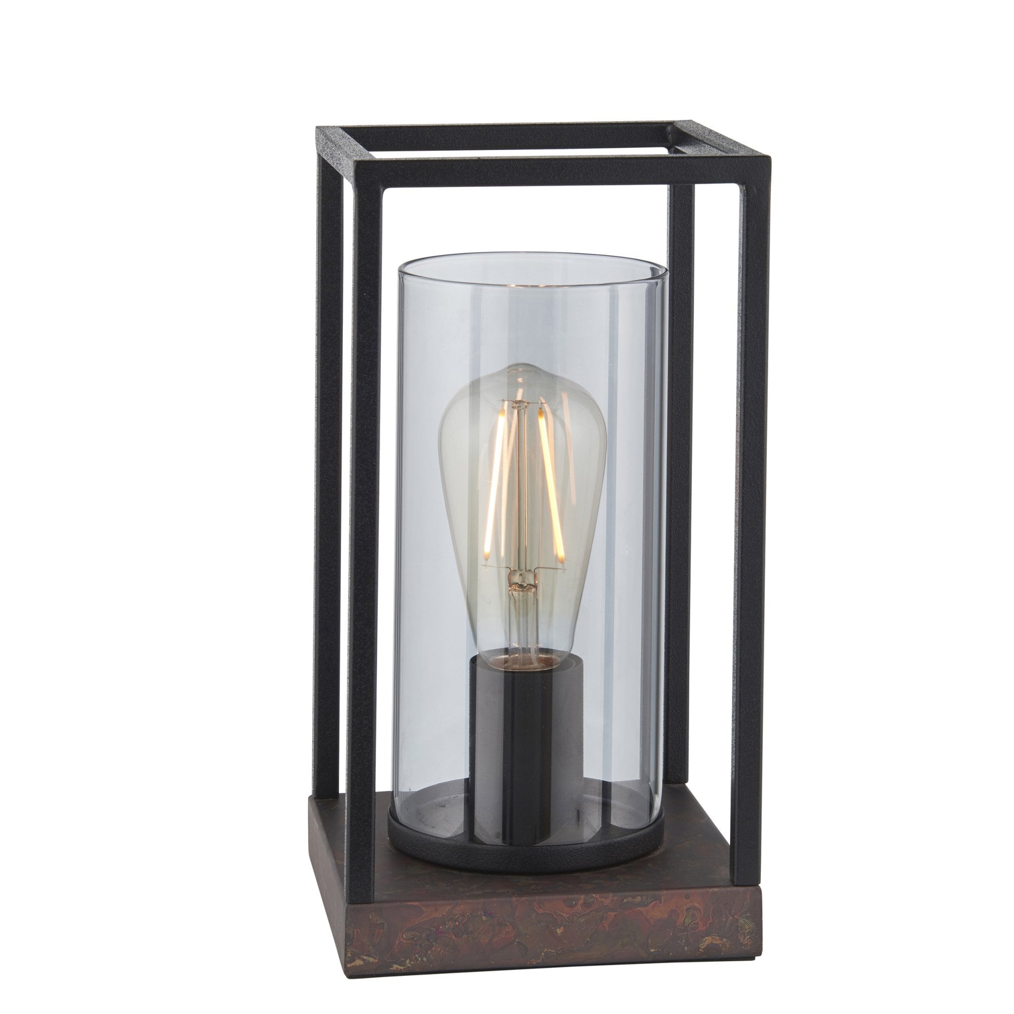 Endon Caleb Table Lamp - Sand Black, Bronze Patina & Grey Tinted Glass