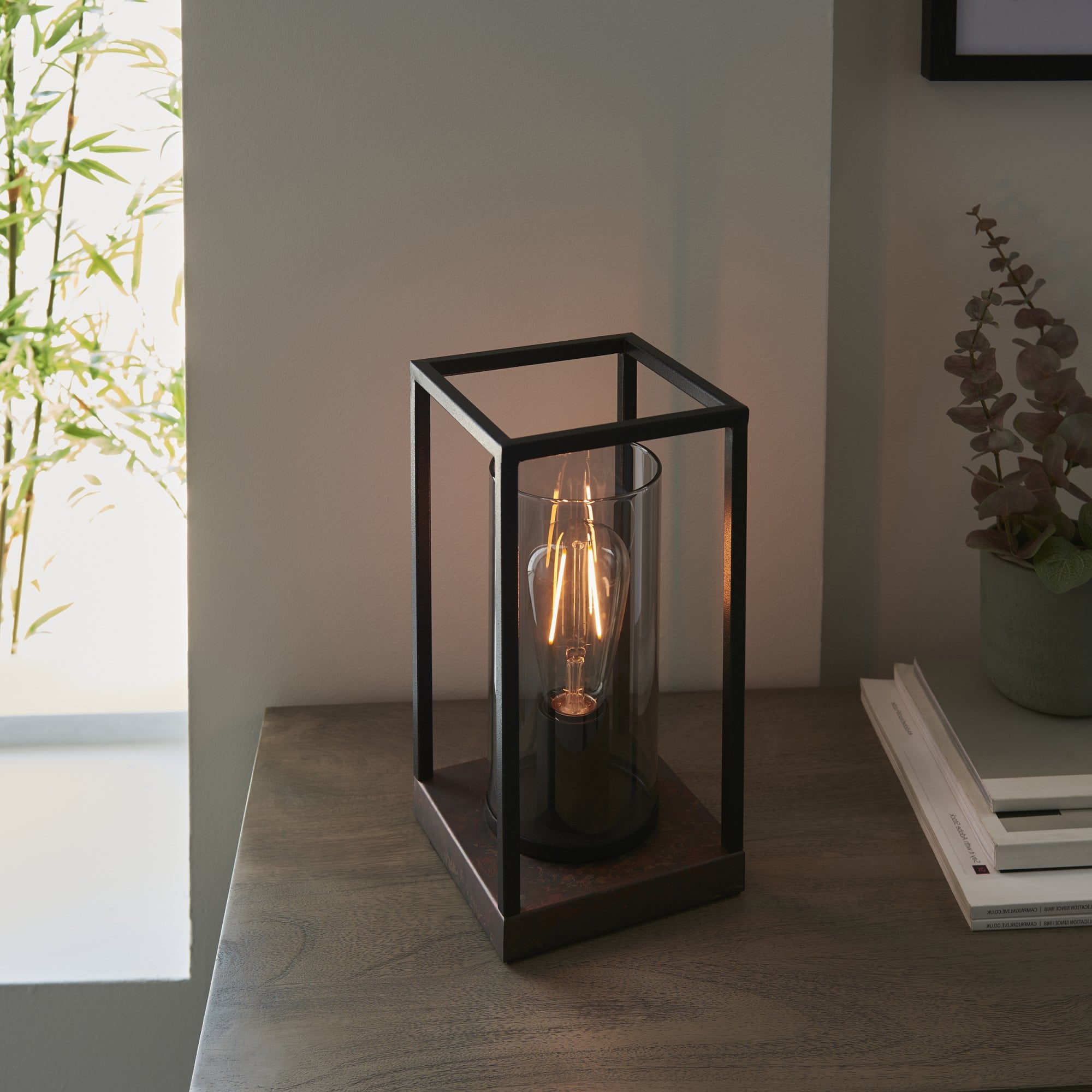 Endon Caleb Table Lamp - Sand Black, Bronze Patina & Grey Tinted Glass