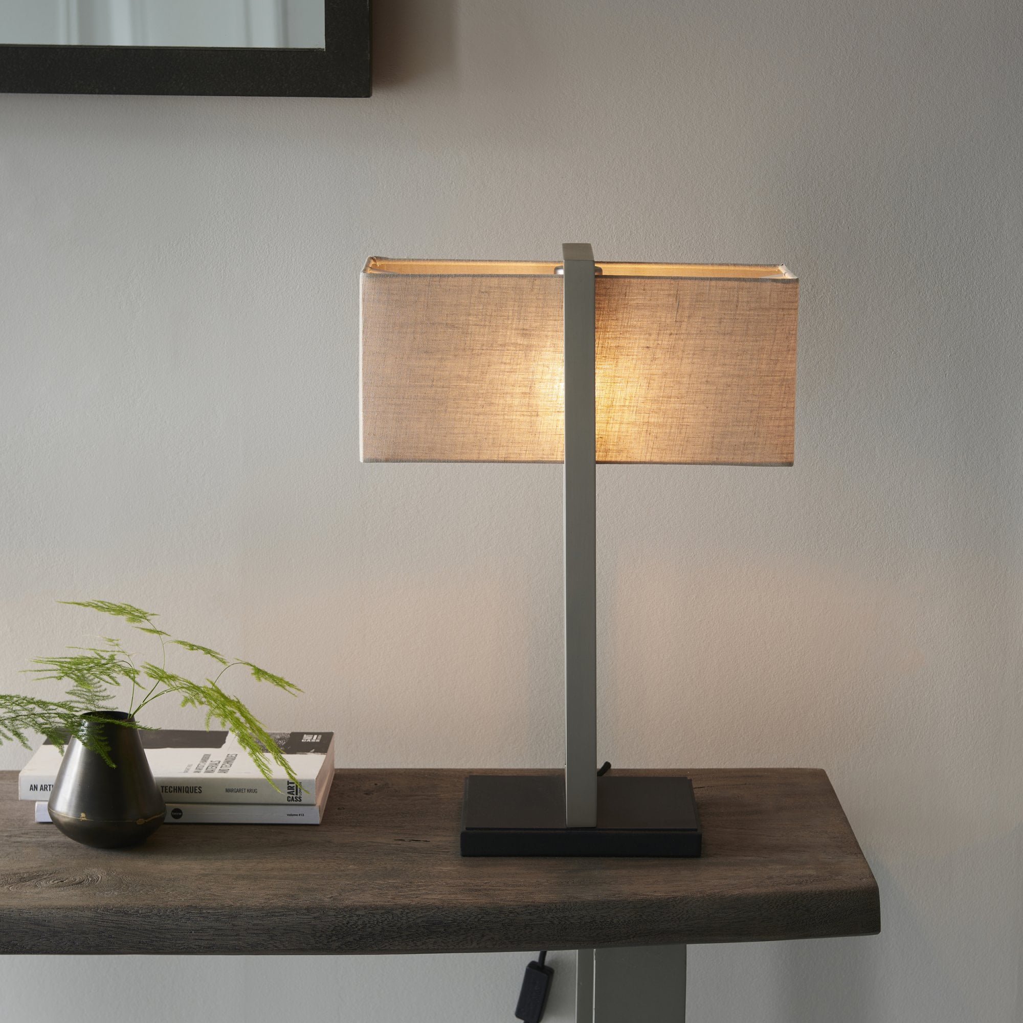 Utopia Oblong Table Lamp - Satin Nickel And Natural Shade