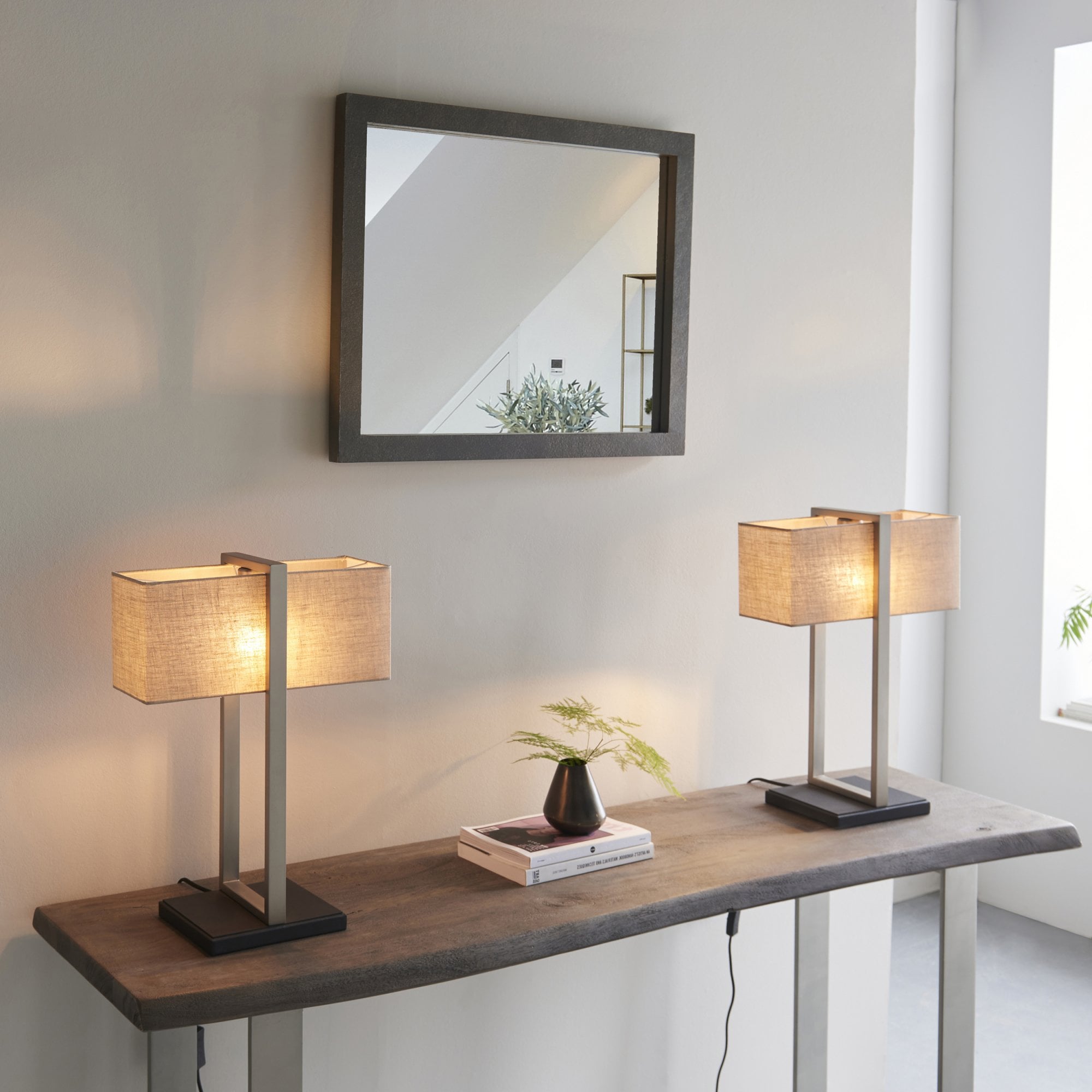 Utopia Oblong Table Lamp - Satin Nickel And Natural Shade