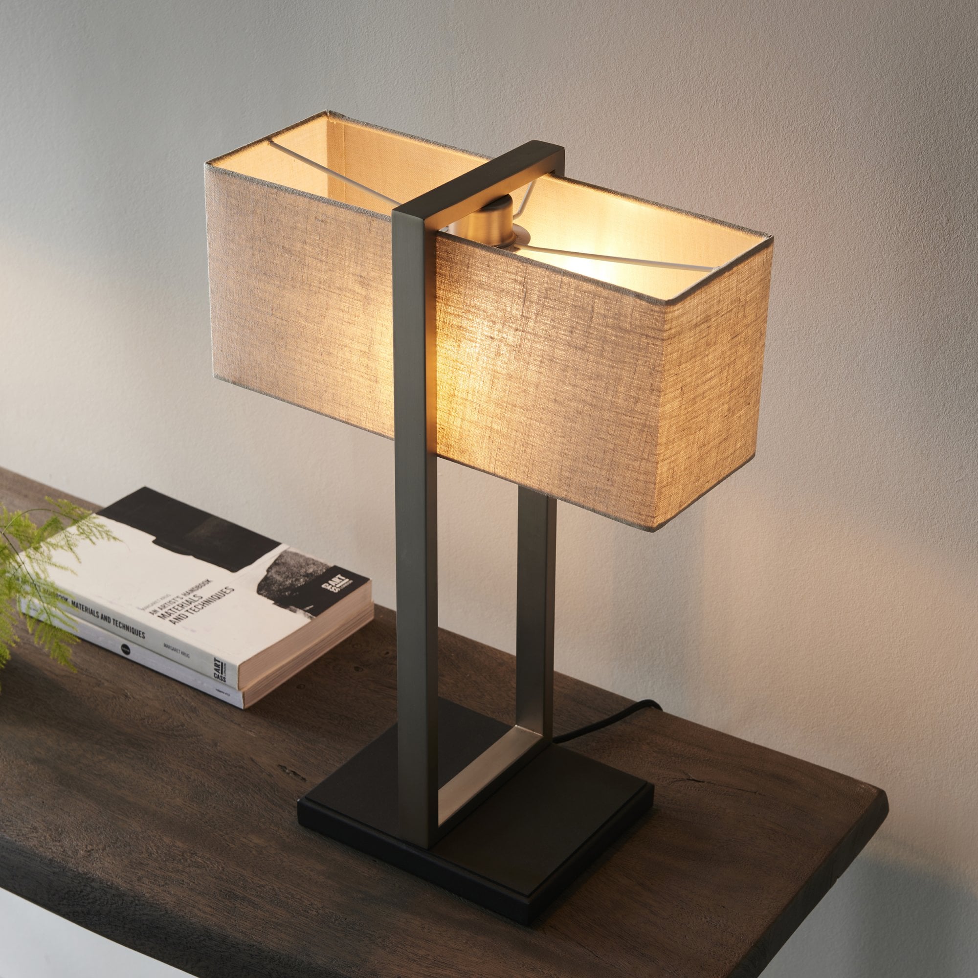 Utopia Oblong Table Lamp - Satin Nickel And Natural Shade