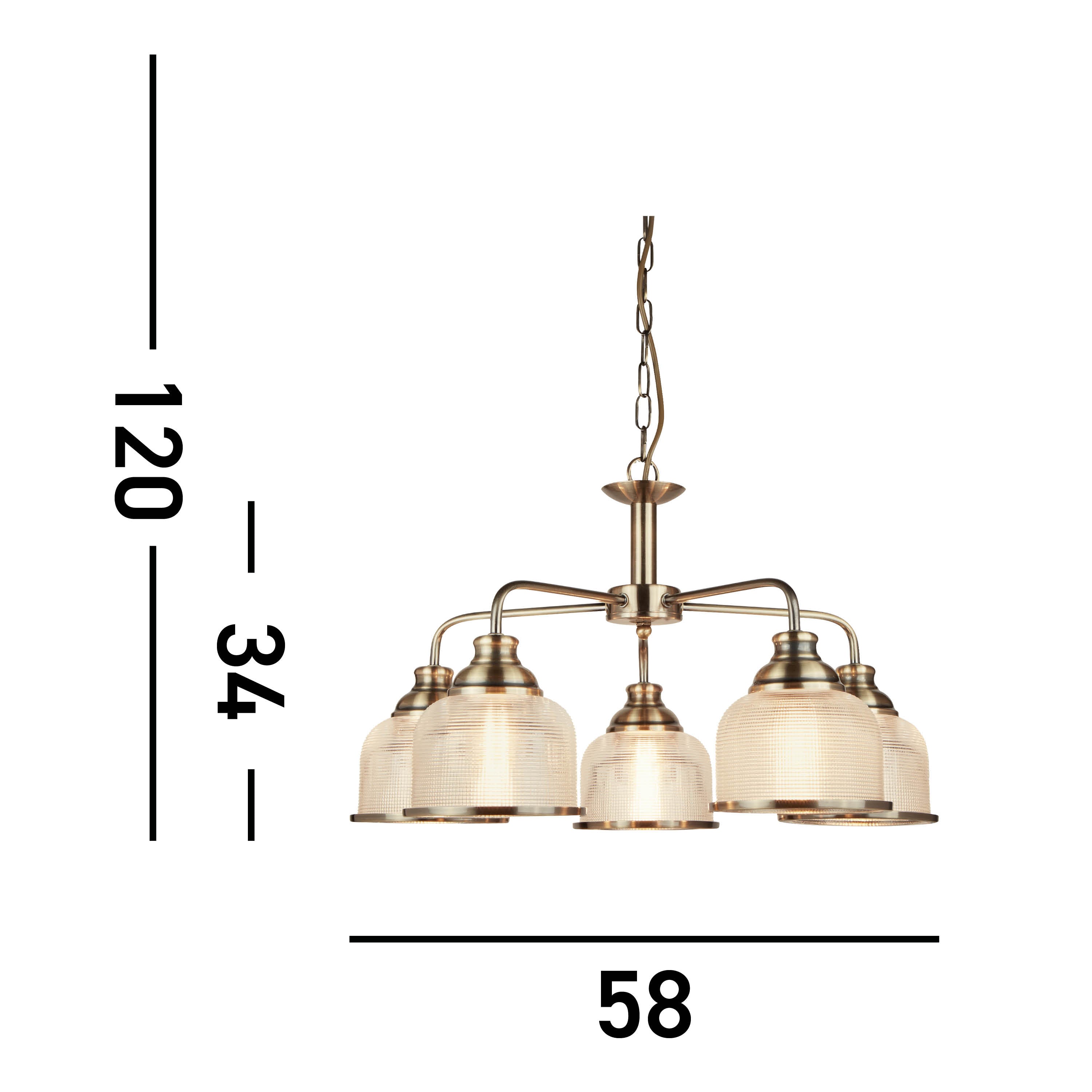 Searchlight Beech II 5 Light Ceiling Fitting - Antique Brass & Holophane Glass