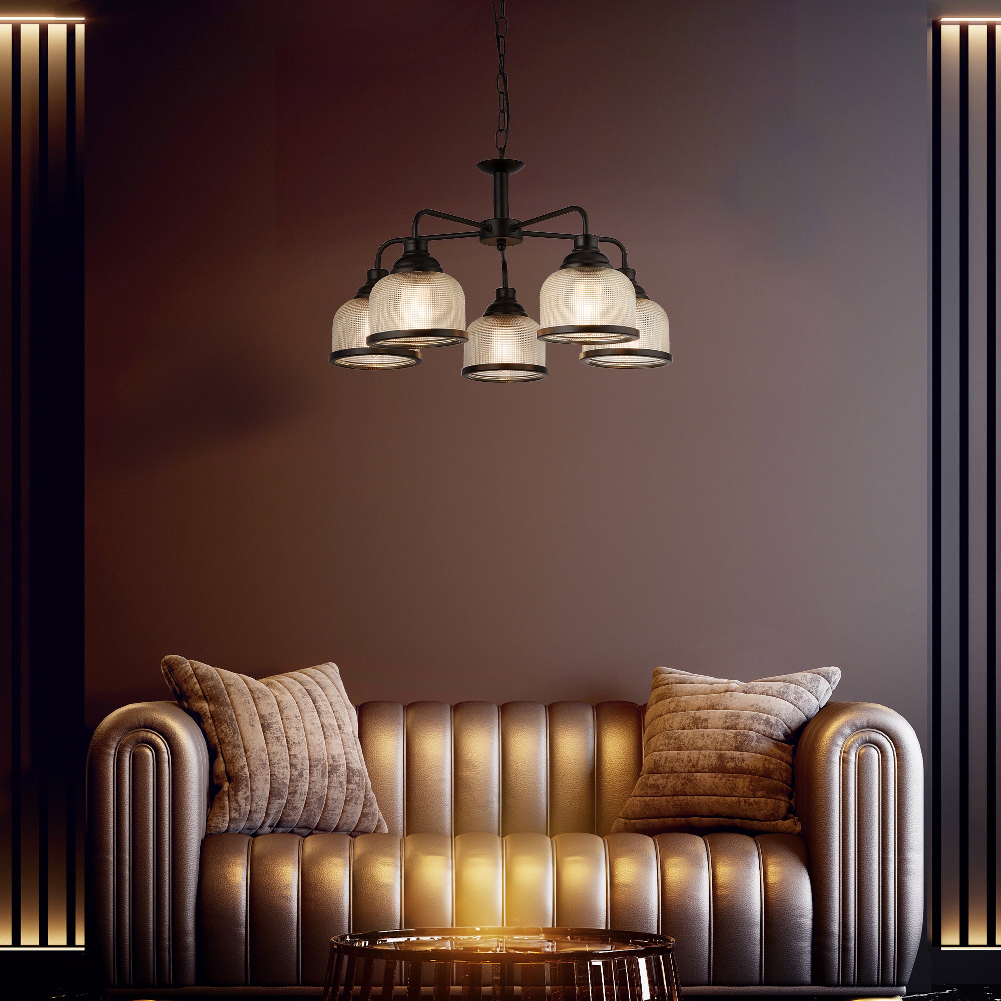 Searchlight Handel 5 Light Pendant - Black Metal & Holophane Style Glass