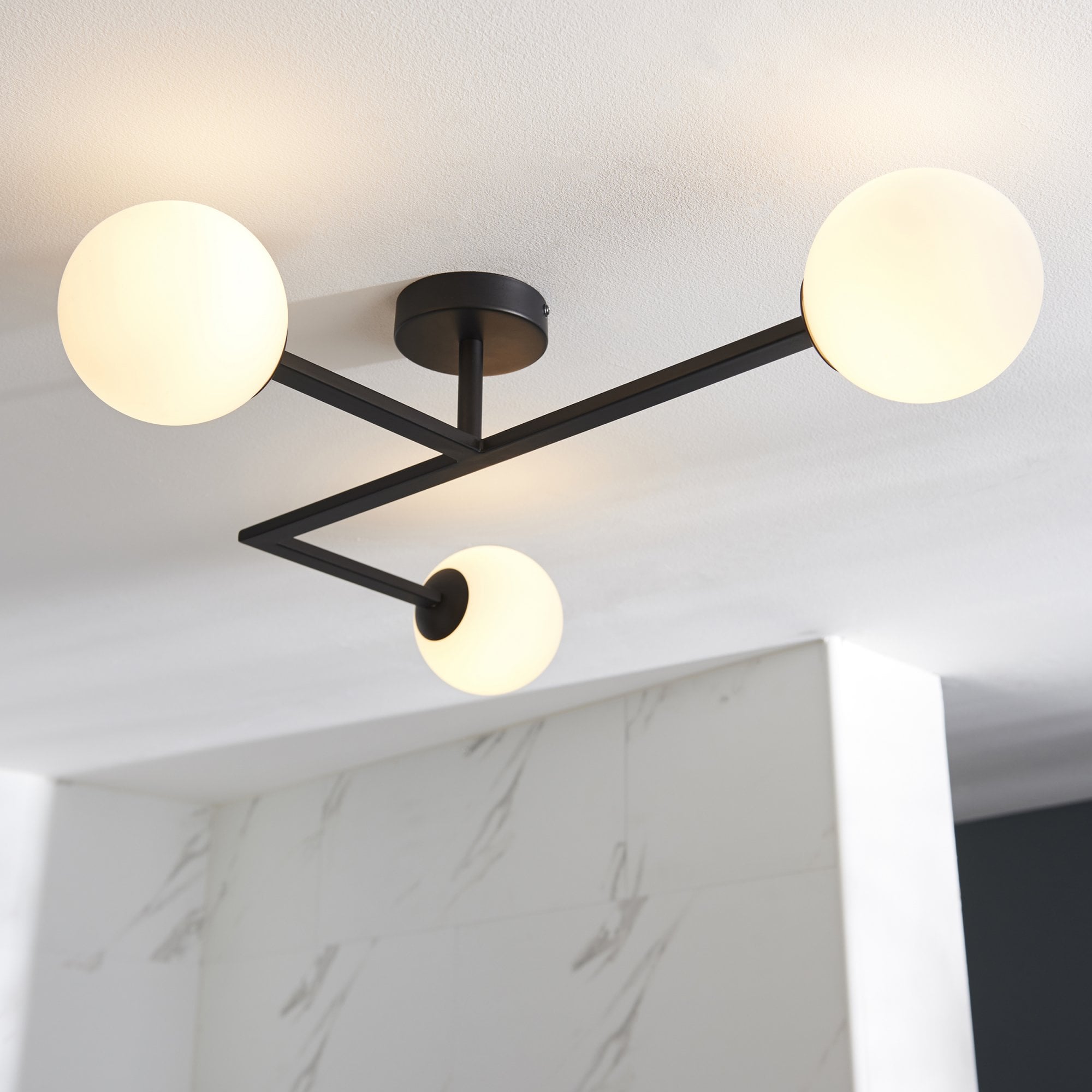 Endon Linear Metal Semi Flush Fitting - Matt Black With White Globe