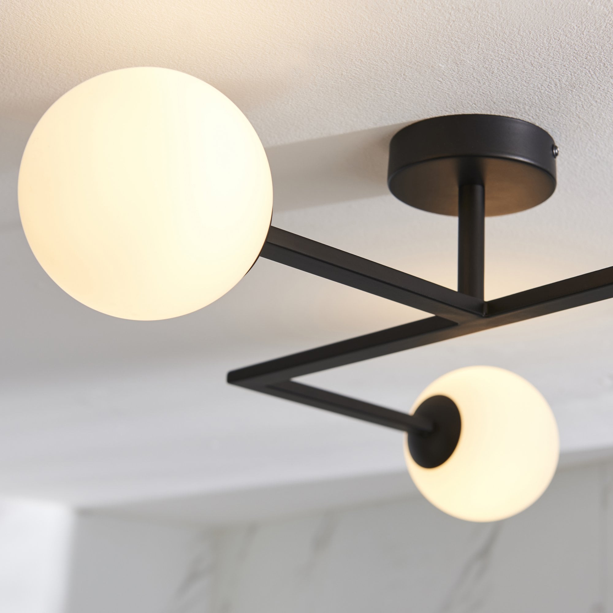 Endon Linear Metal Semi Flush Fitting - Matt Black With White Globe