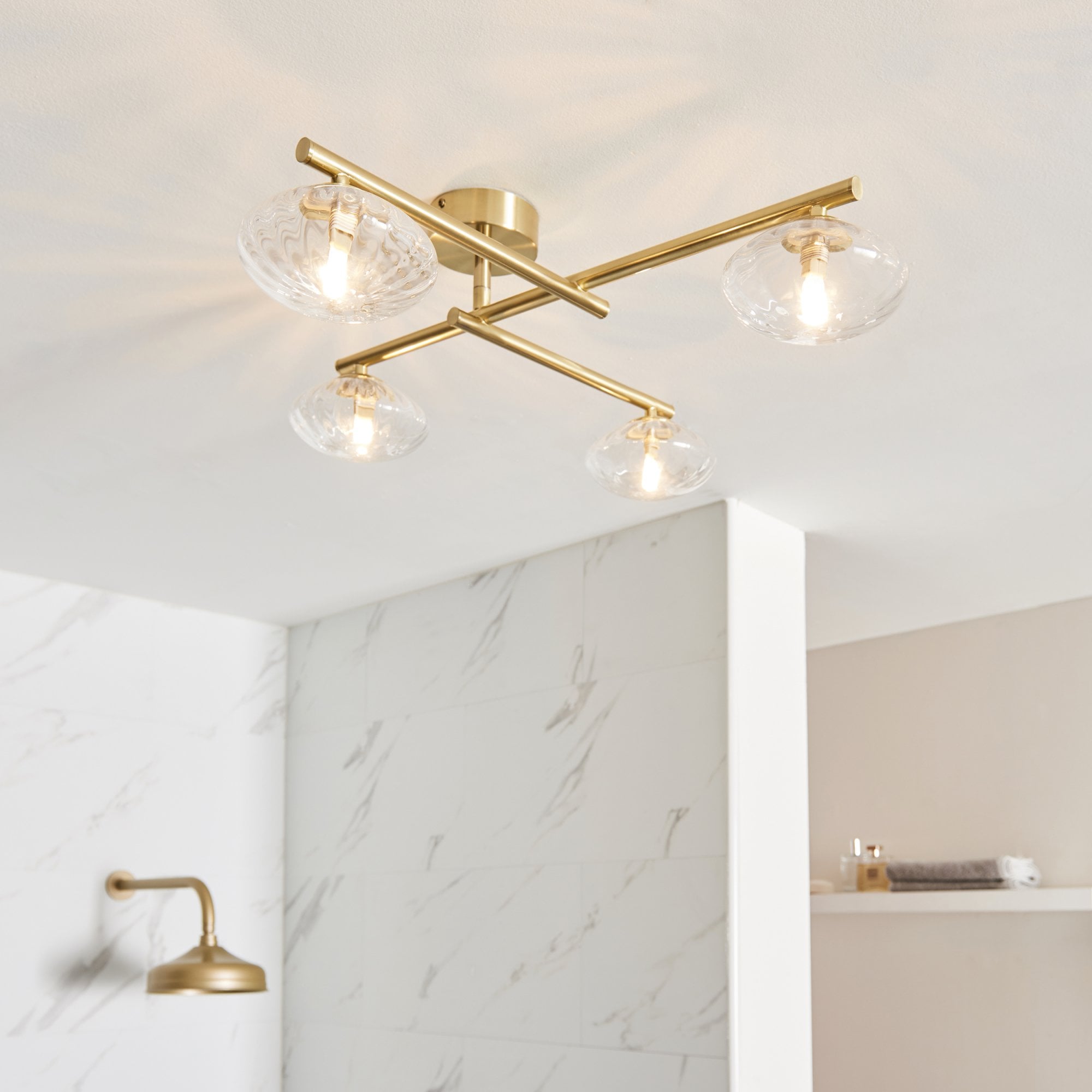 Endon Linear Metal Semi Flush Fitting - Brushed Gold & Ribbed Glass Shades